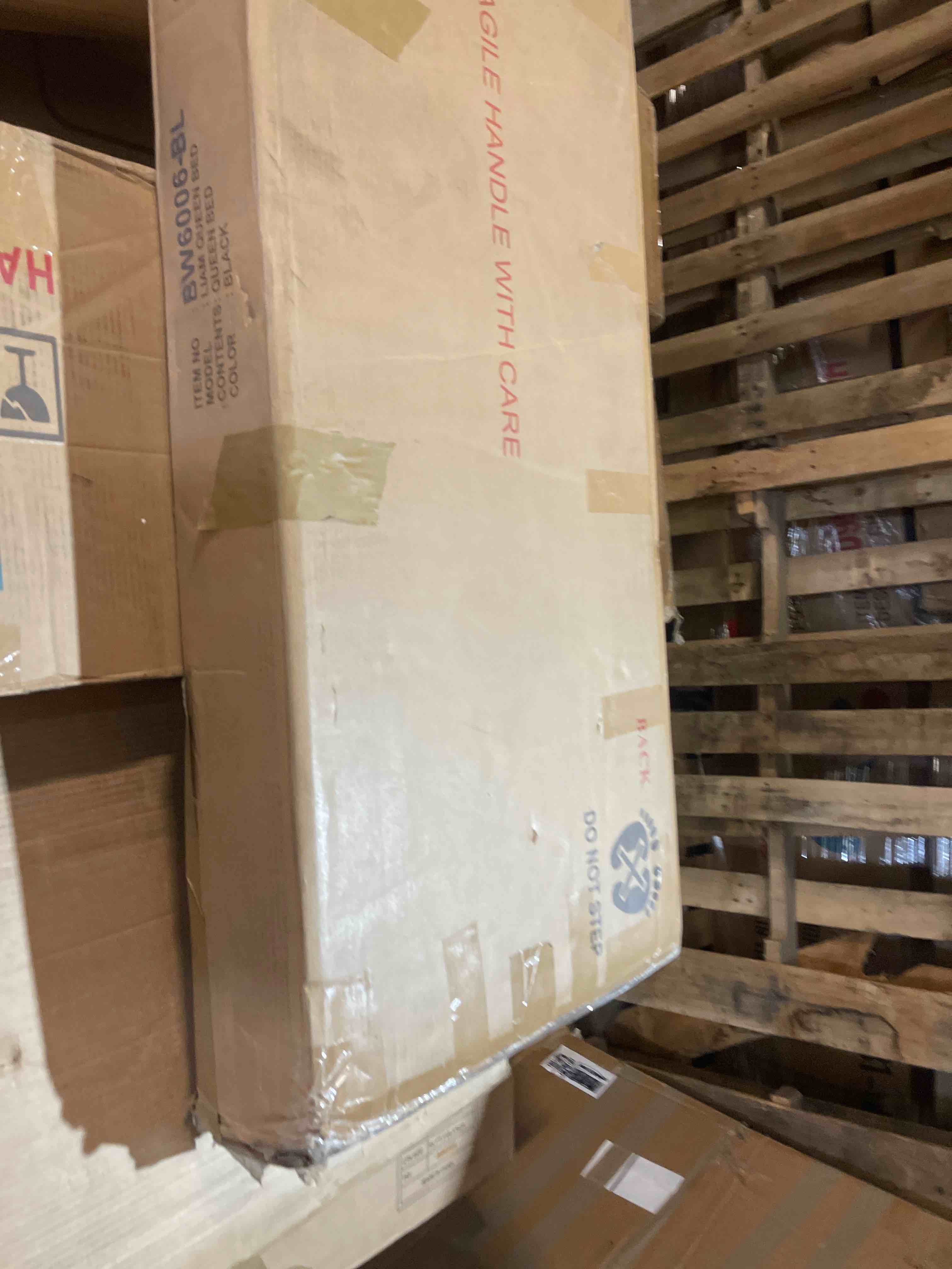 Condition photo showing As Is for wooden platform bed frame with plywood slats