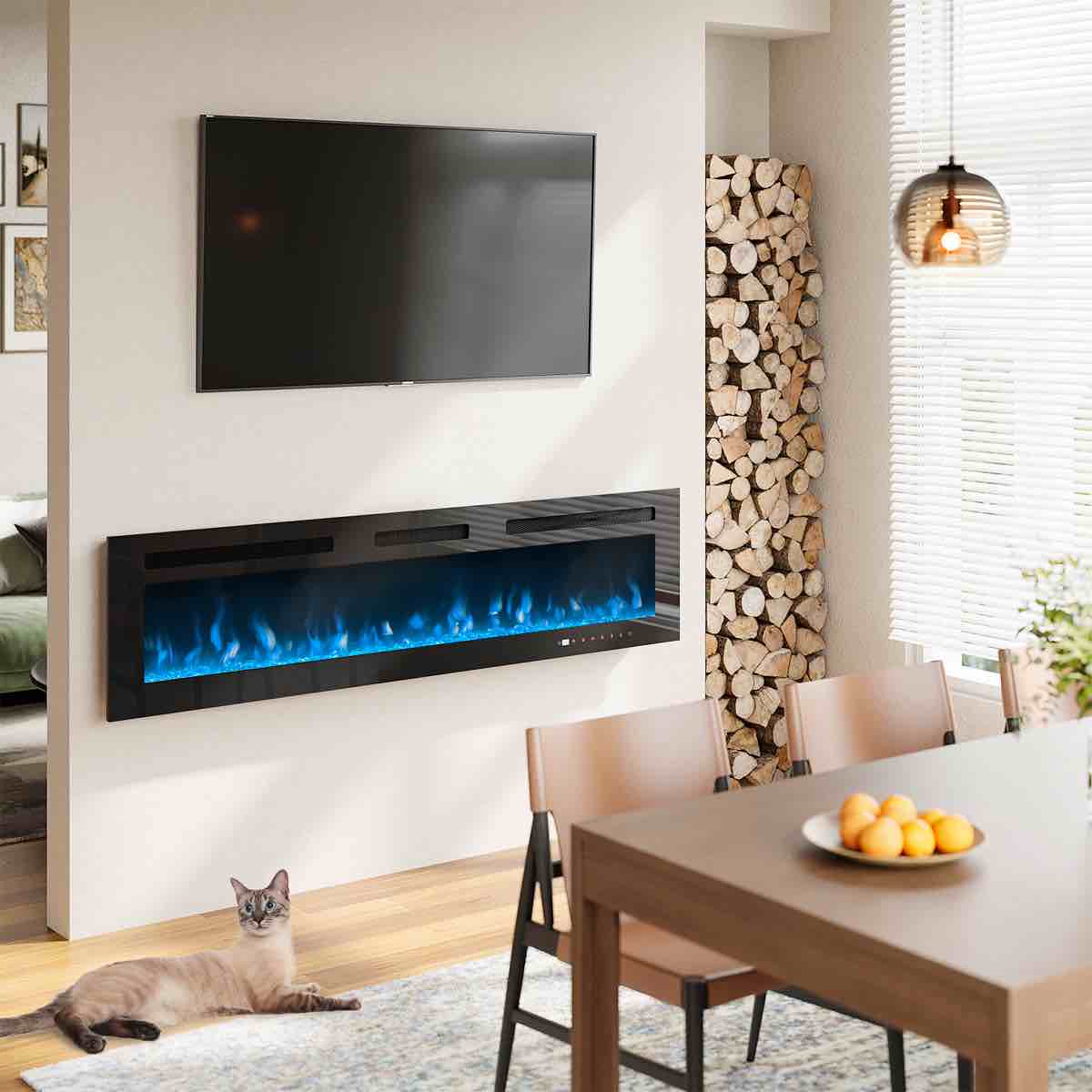 ultra-thin electric fireplace, recessed & wall mounted heater, crystal stone & log, timer, 750w/1500w, adjustable flame color, touch screen & remote control