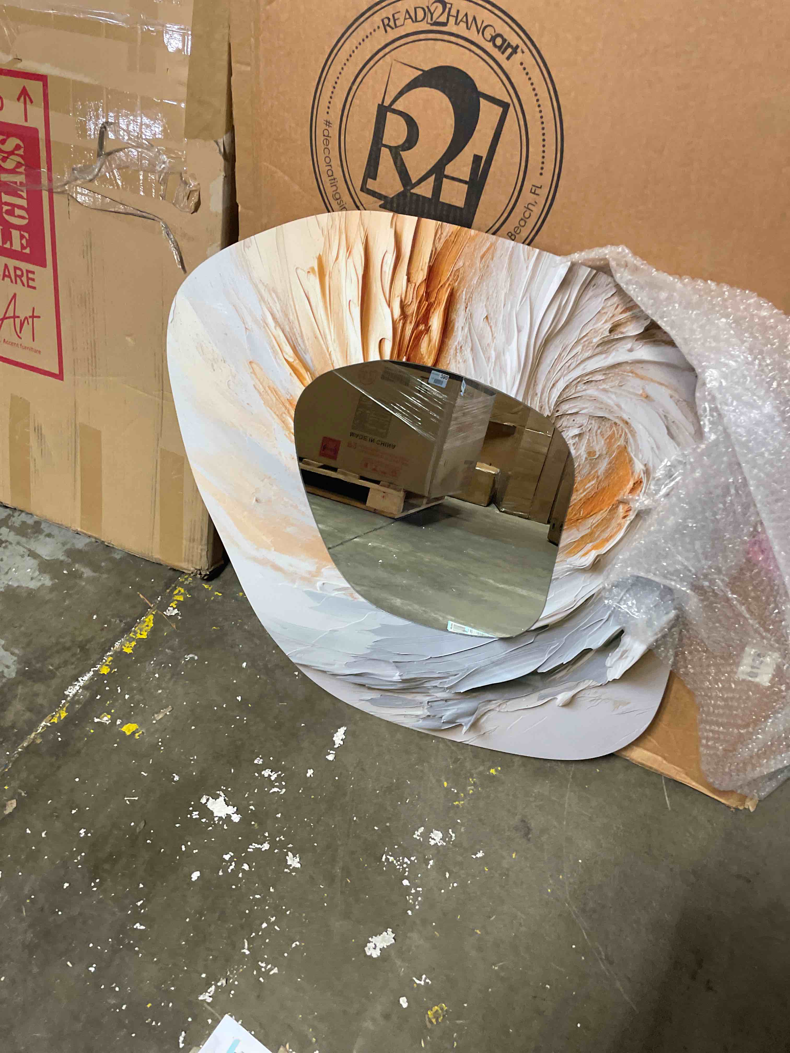 Condition photo showing Good Condition for abstract gold and white paint spiral i - abstract spirals asymmetrical wall mirror - modern decorative wall mirror