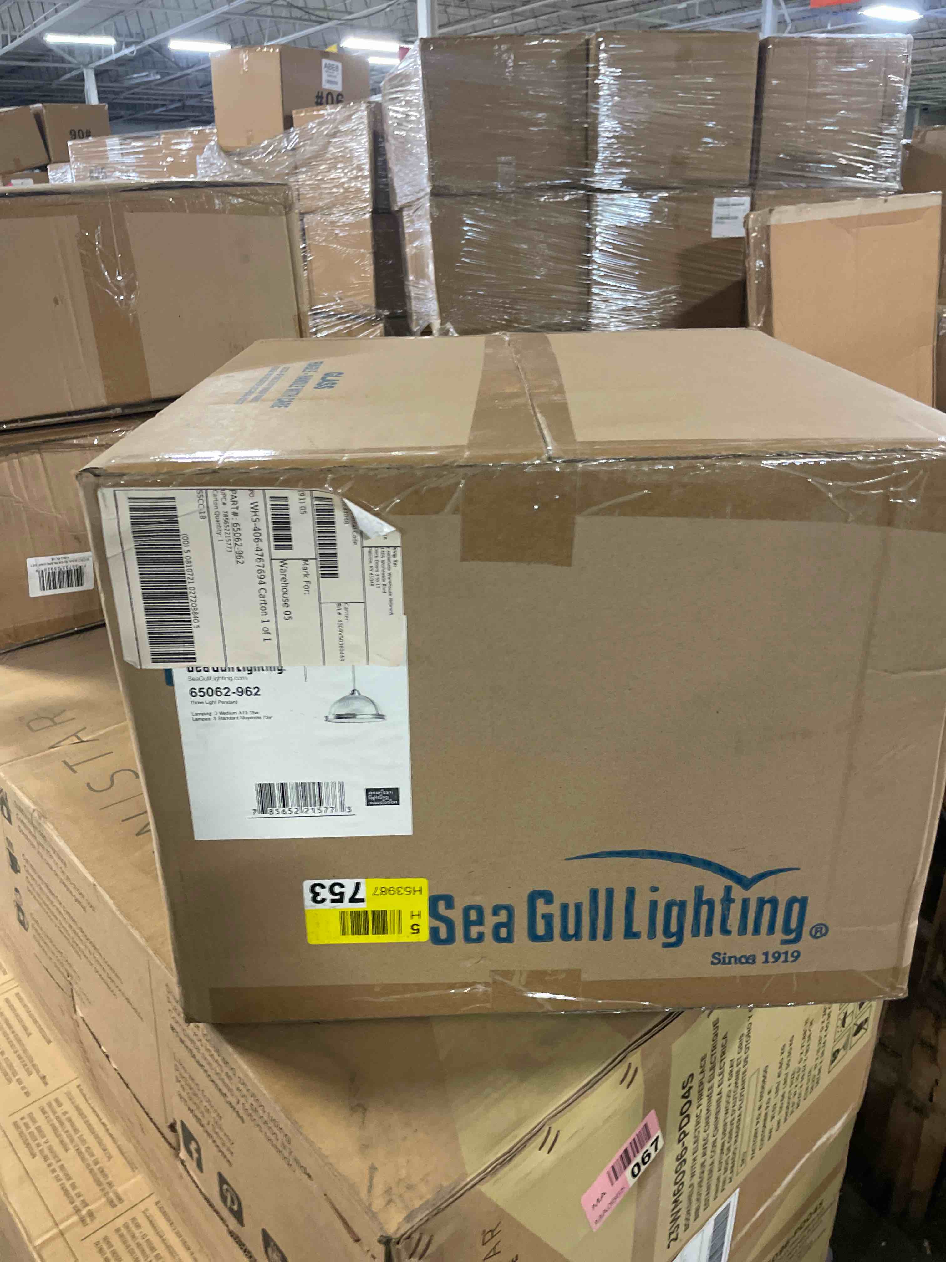 Condition photo showing New/Like New for sea gull lighting 65062-962 pratt street prismatic pendant hanging modern fixture, three - light, brushed nickel three - light brushed nickel