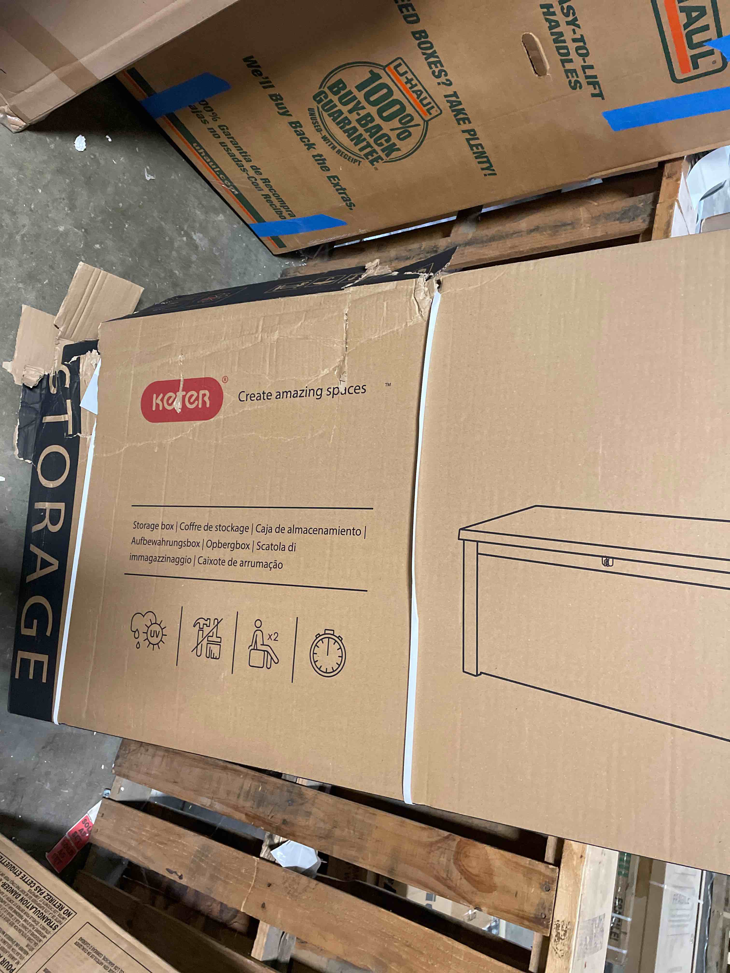 Condition photo showing New/Like New for keter westwood 150 gallon resin large outdoor storage box for patio furniture, outdoor cushions, garden tools and pool floats, dark grey