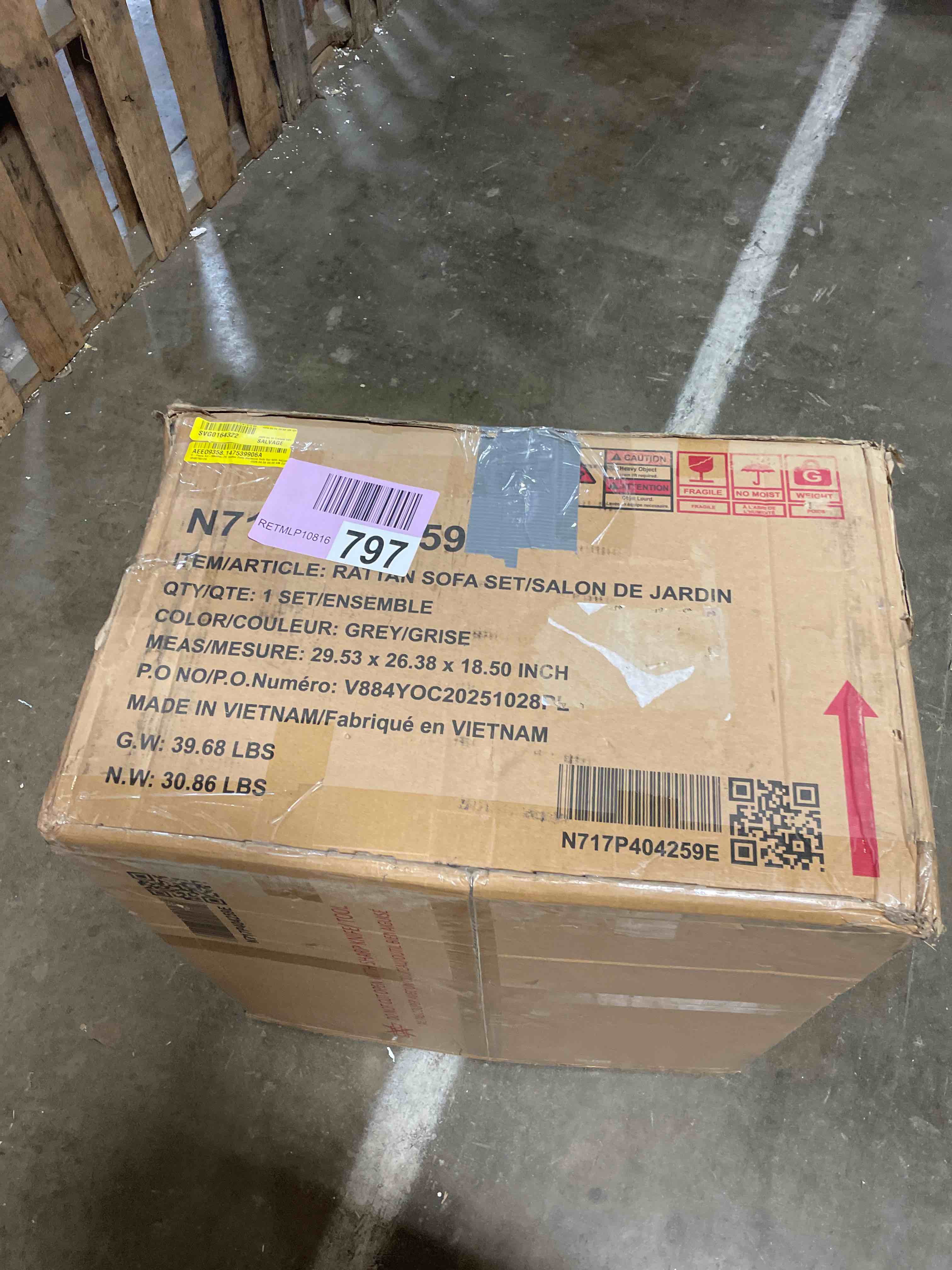 Condition photo showing As Is for 6 - piece all - weather pe rattan patio sectional sofa set with adjust (incomplete only box 1/4 and 3/4)