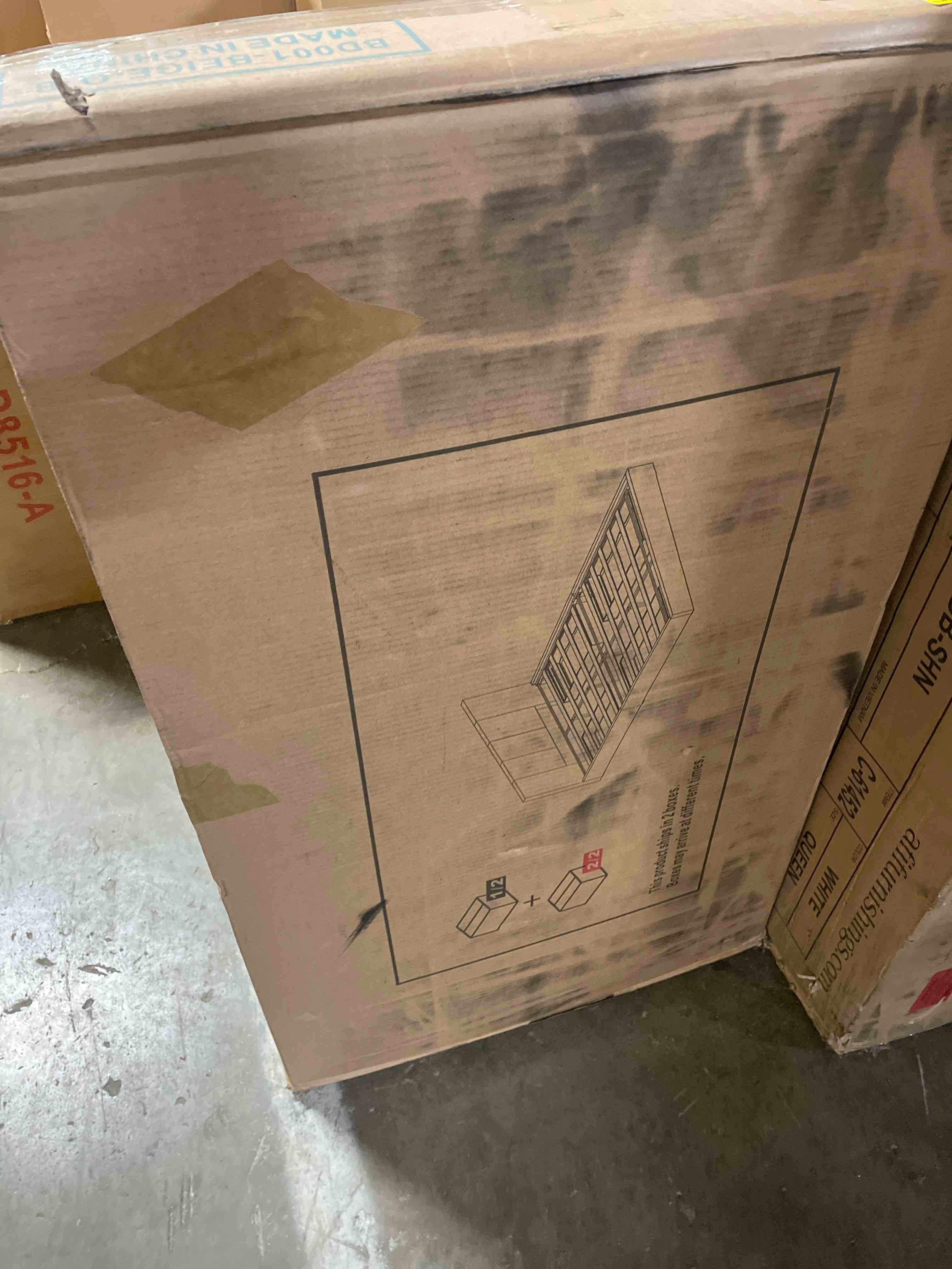 Condition photo showing As Is for queen bed frame with 4 drawers and storage headboard, upholstered platform bed frame queen size with led lights and handy charging station, no box spring needed, easy assembly, noise free, beige (incomplete)