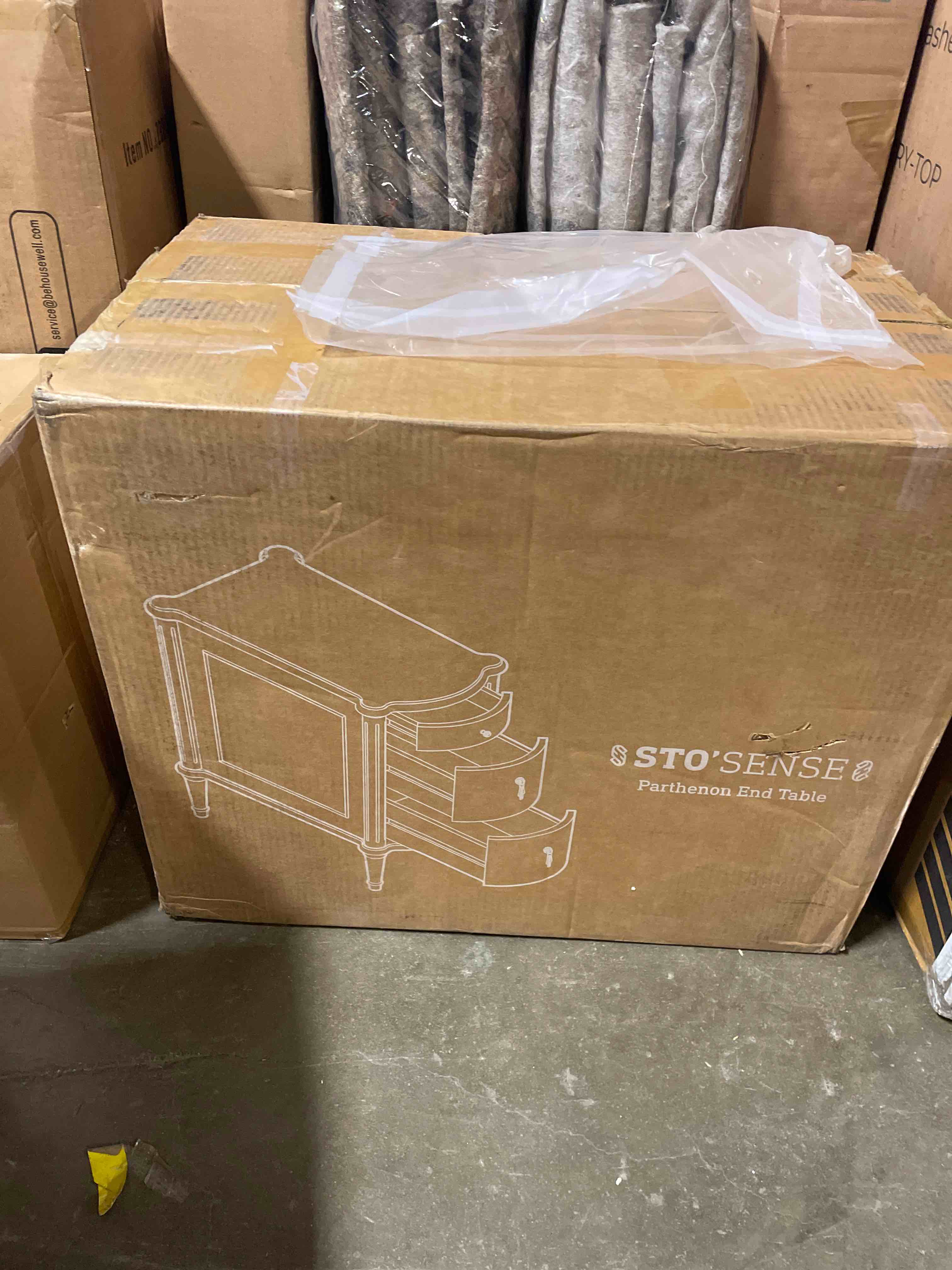 Condition photo showing New/Like New for sto'sense nightstand w/charging station & 3 drawers, pre-assembled, vintage side table w/antique-finished pulls, rustic wood finish, narrow end table w/turned legs for bedroom (2, black)