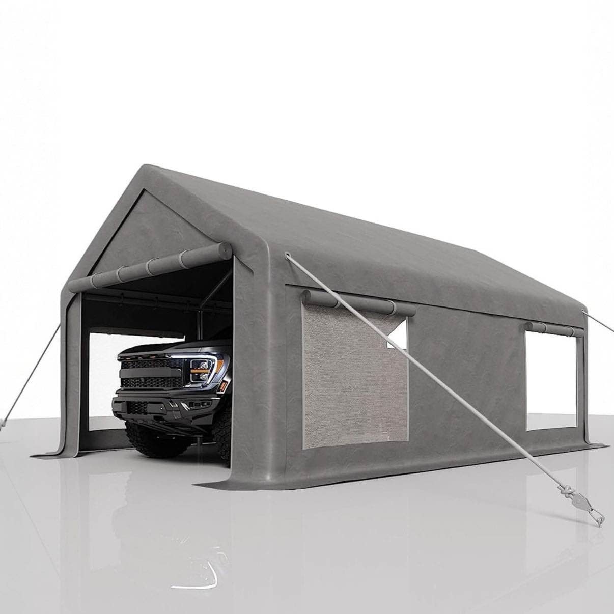 garvee 12x20 ft heavy duty portable carport – waterproof pe canopy, roll-up windows, rust-proof steel frame, ventilated shelter for cars, trucks, boats
