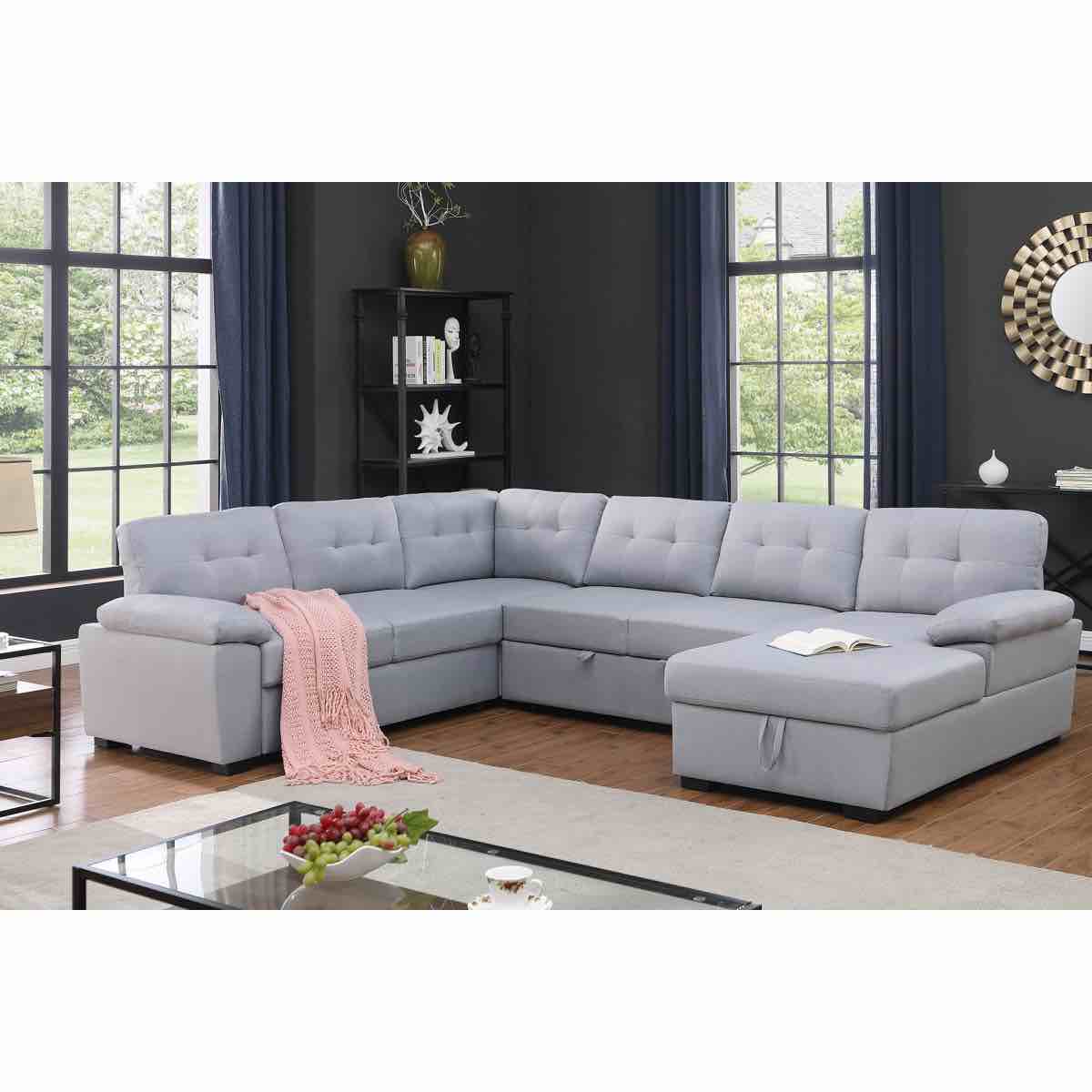 aine 118" wide fabric sectional sleeper sofa (pull-out bed) with storage chaise