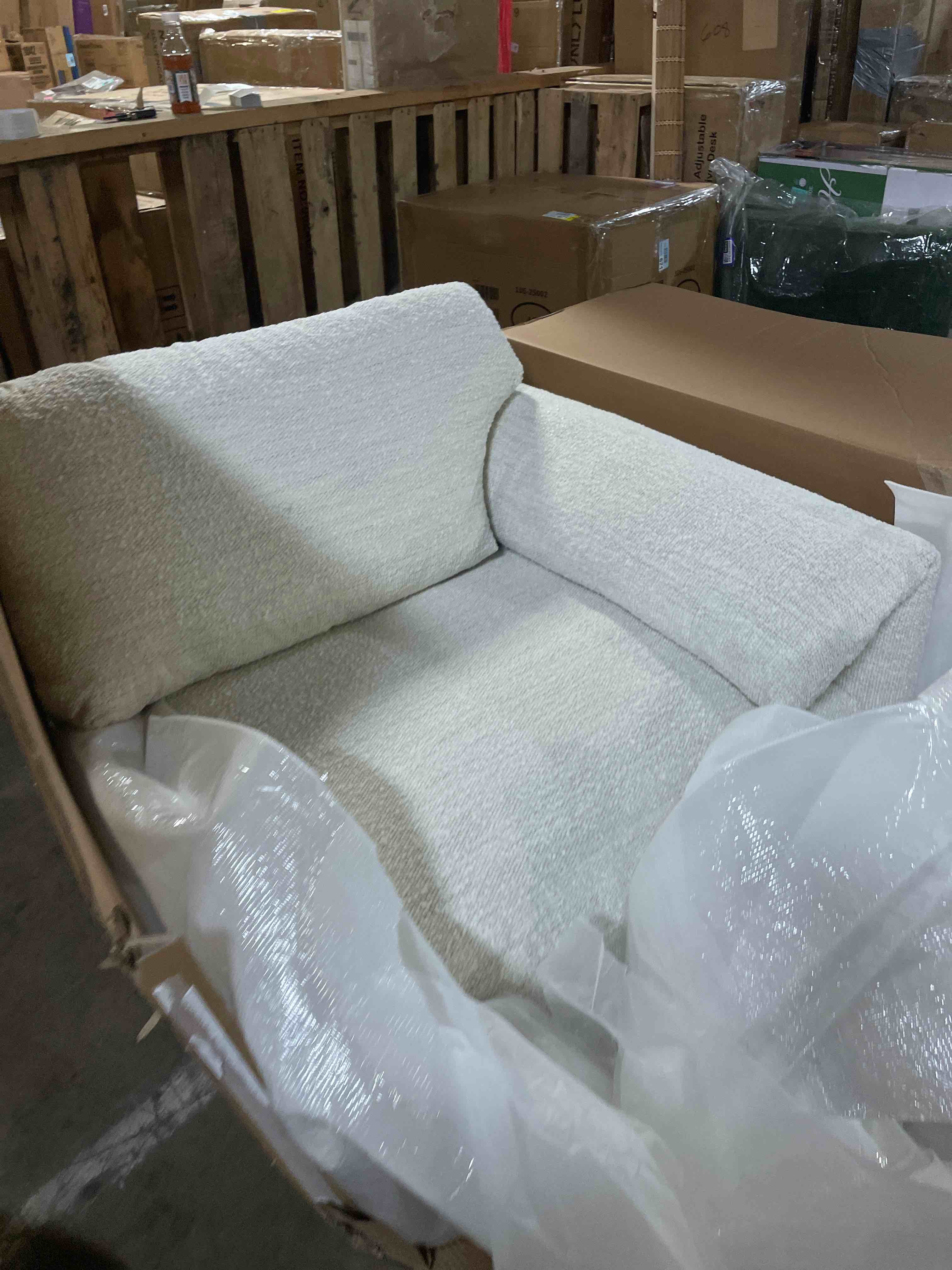 Condition photo showing As Is for right chair only alessandro ii beige porcelain chenille fabric 2 piece sectional with left arm facing sofa chaise | loose reversible back
