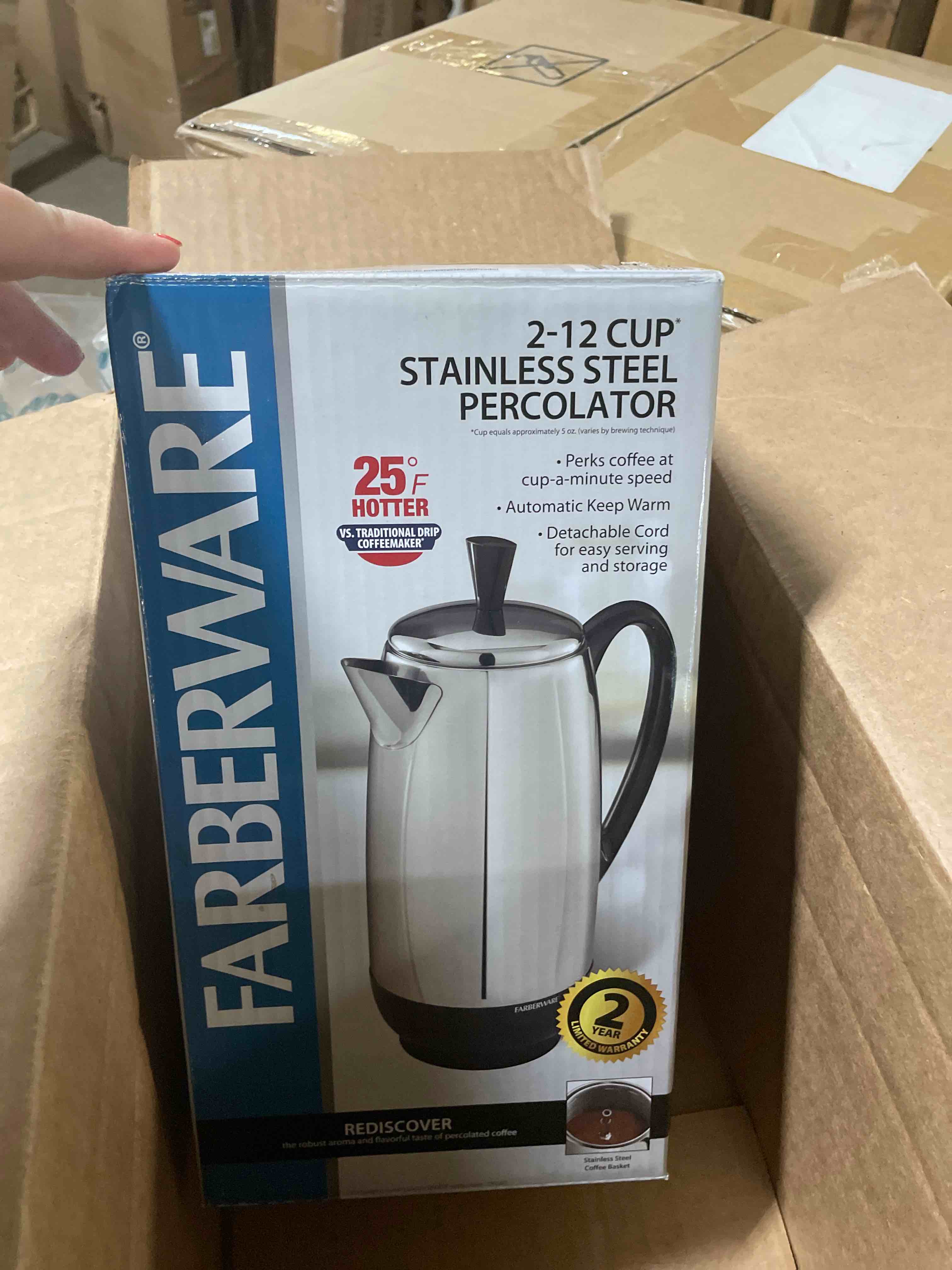 Condition photo showing New/Like New for farberware 12 cup electric coffee percolator, coffee maker with stainless steel basket, automatic keep warm, no-drip spout 12-cup