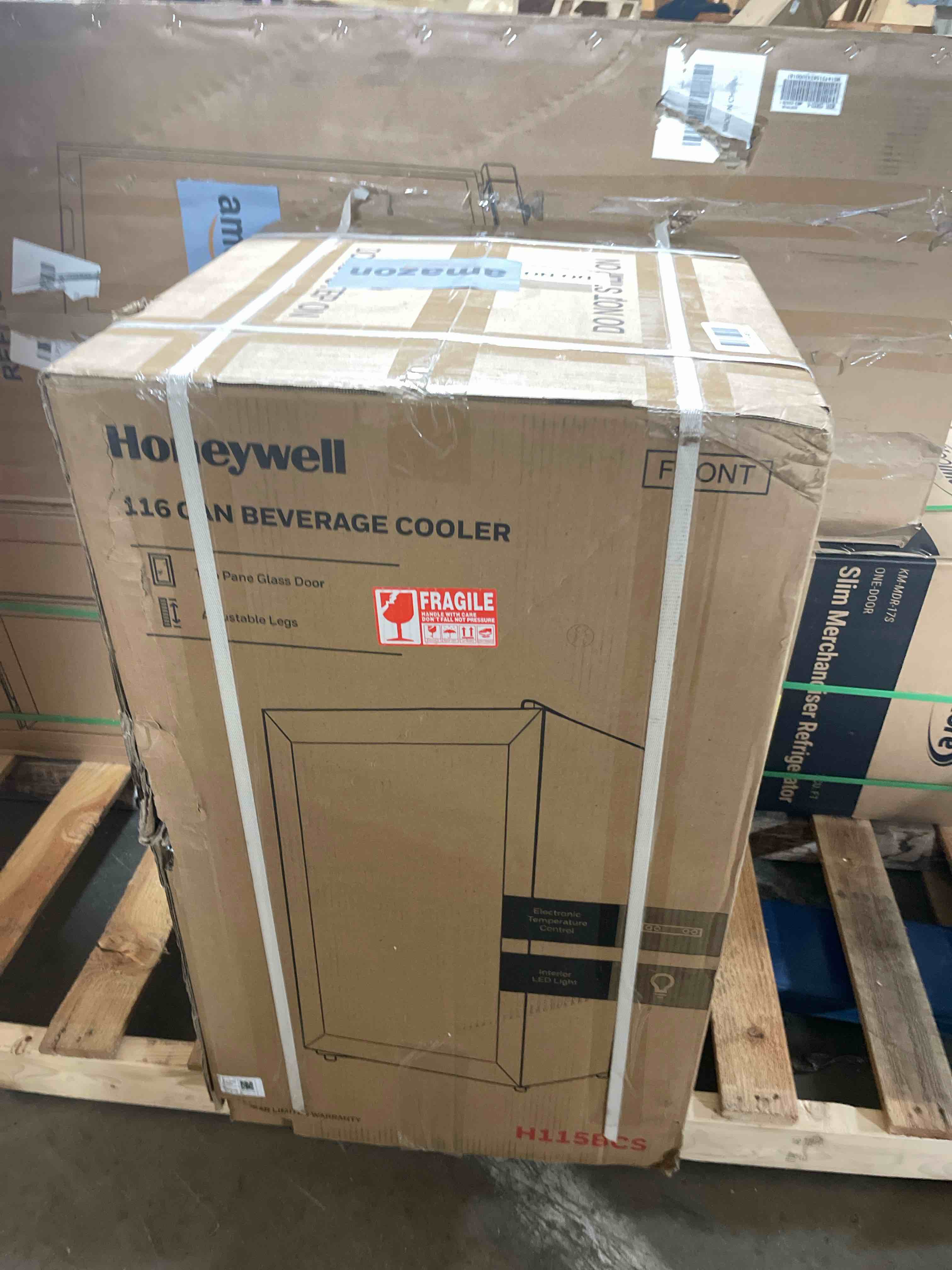 Condition photo showing New/Like New for honeywell beverage refrigerator and cooler, 116 can mini fridge with glass door for soda beer or wine for office or bar with adjustable removable shelving, commercial grade