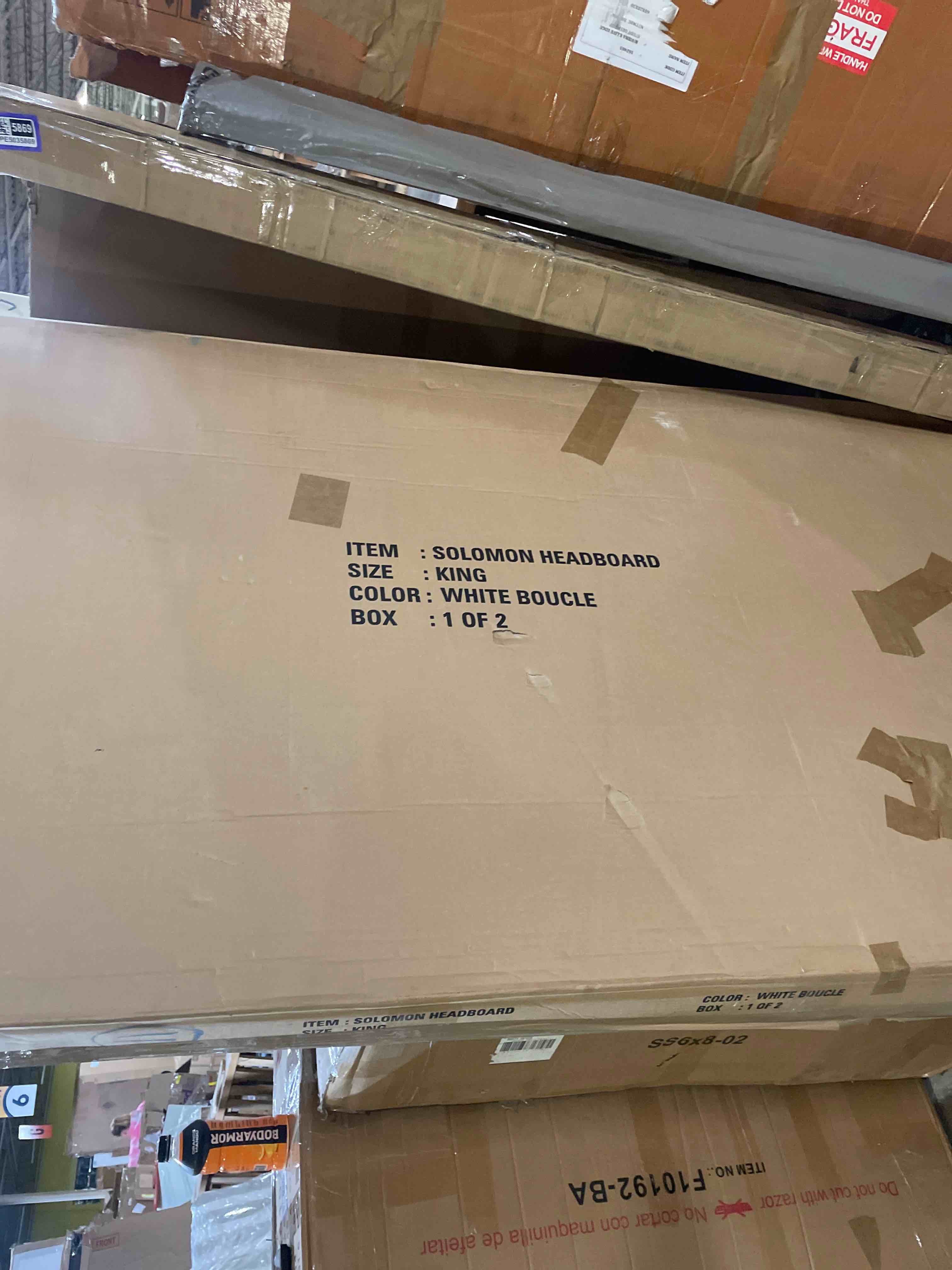 Condition photo showing As Is for homkdom king size bed frame and headboard, upholstered cloud bed frame, anti-collision soft rounded corners, boucle platform bed for apartments, guest rooms, no box spring needed,beige