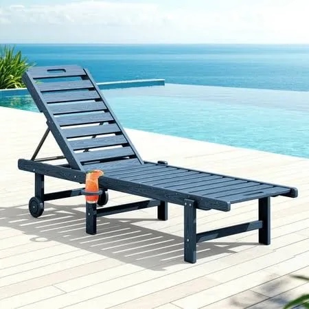78" Outdoor Poly Reclining Chaise Lounge with Wheels and Cup Holder