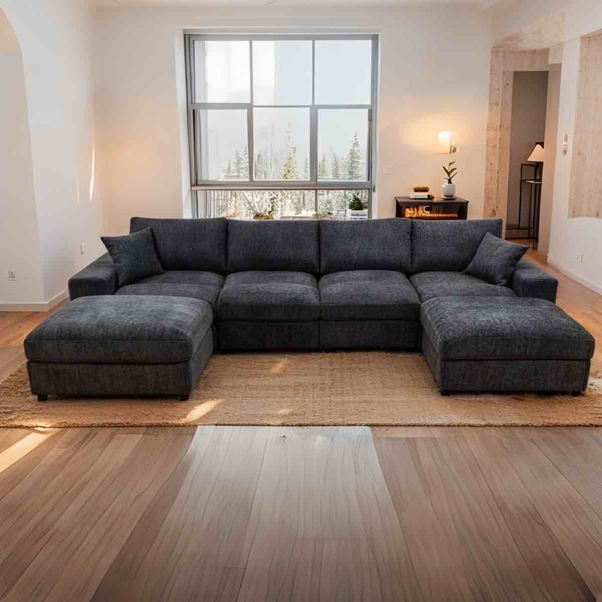 134" Cloud Sectional Couch U-Shaped Chaise With Ottoman,Modern Chenille Deep-Seat Upholstered Modular Cloud Sofa With 2 Pillows For Living Room (Incomplete)