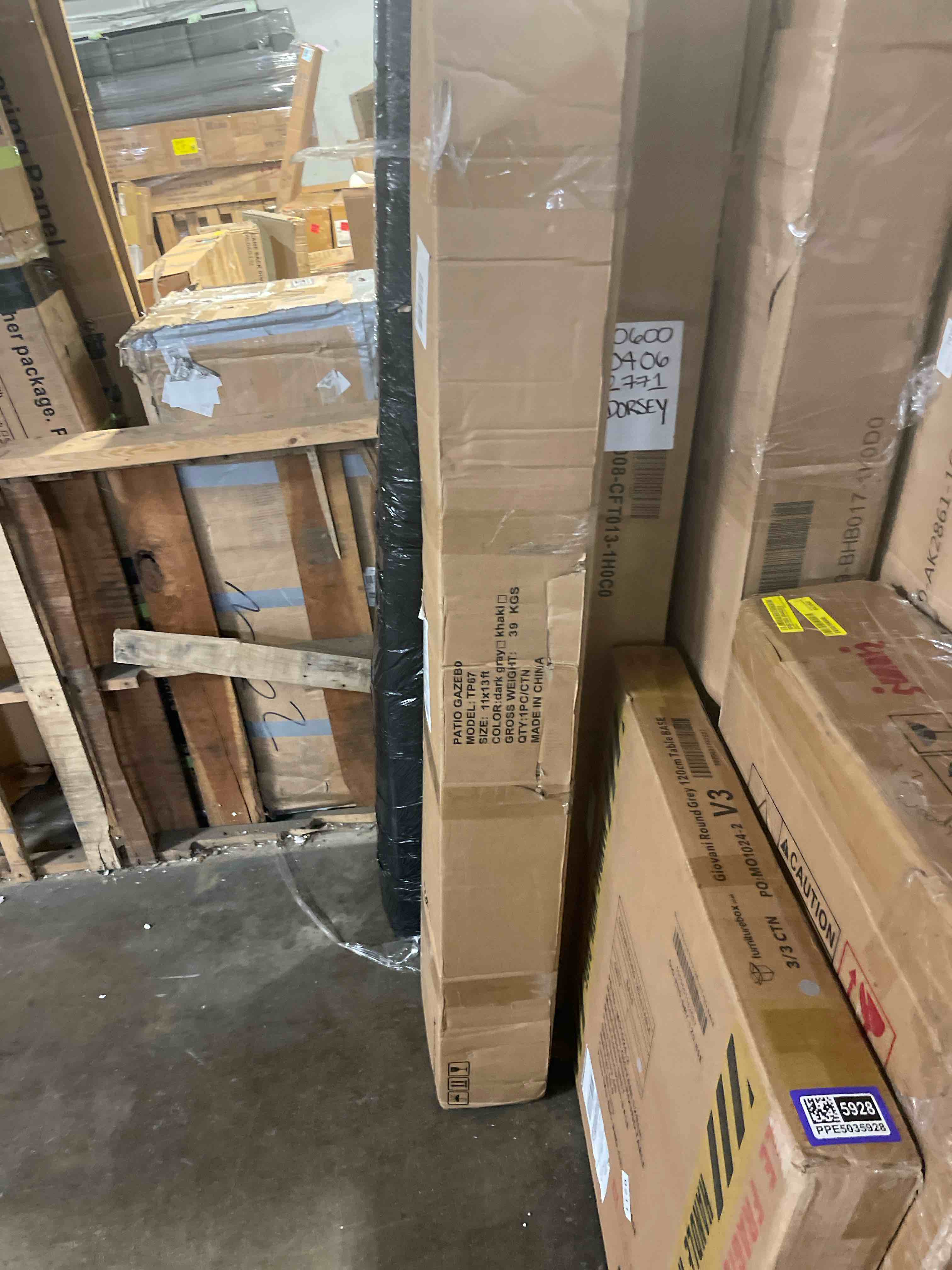 Condition photo showing As Is for 13 ft. x 11 ft. gray outdoor patio steel frame soft top gazebo tents with mosquito netting and canopy top (incomplete box 2/3)
