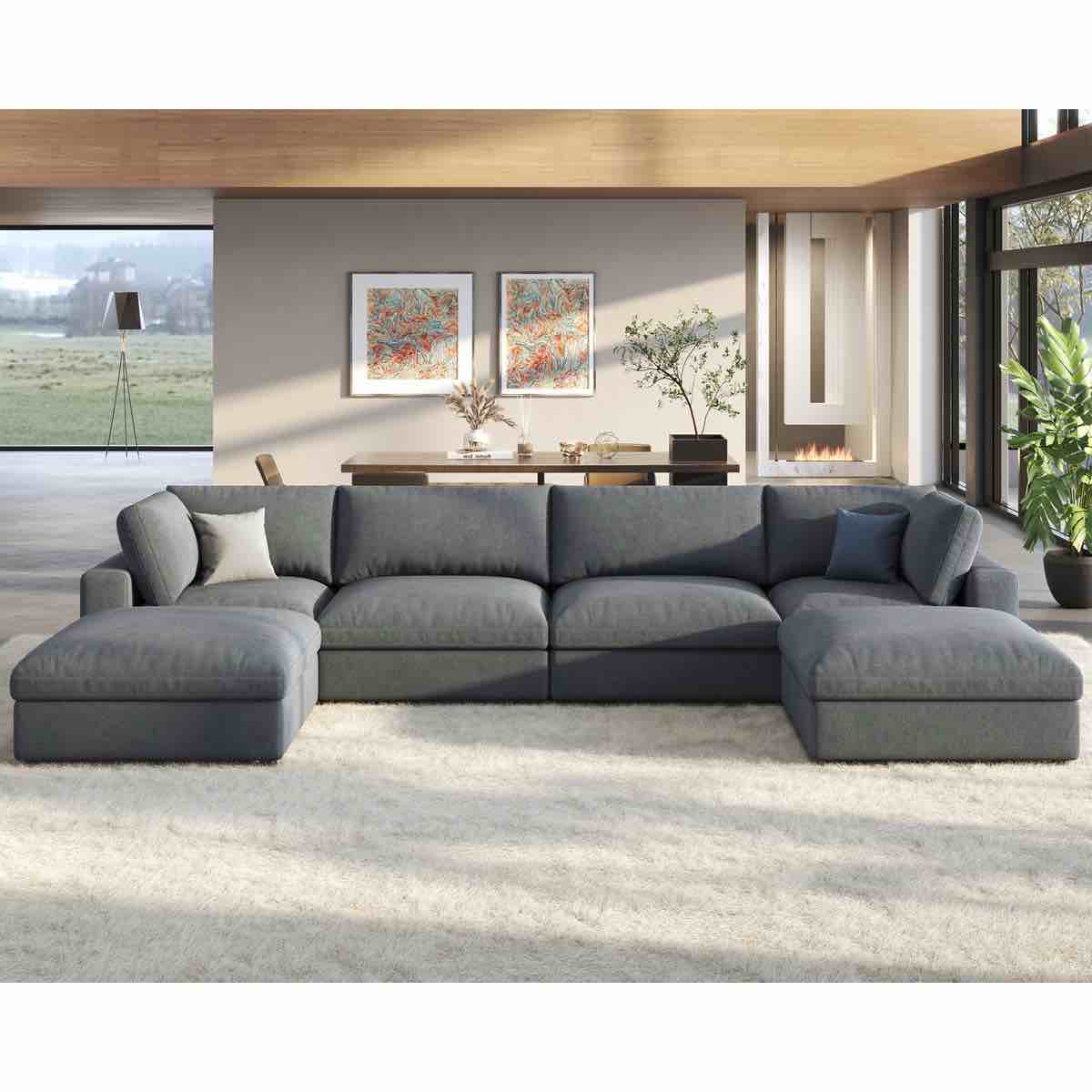 modechai sectional sofa, 152“ down filled sofa, 6 seats u shaped couch with chaise, ottoman(2 boxes)