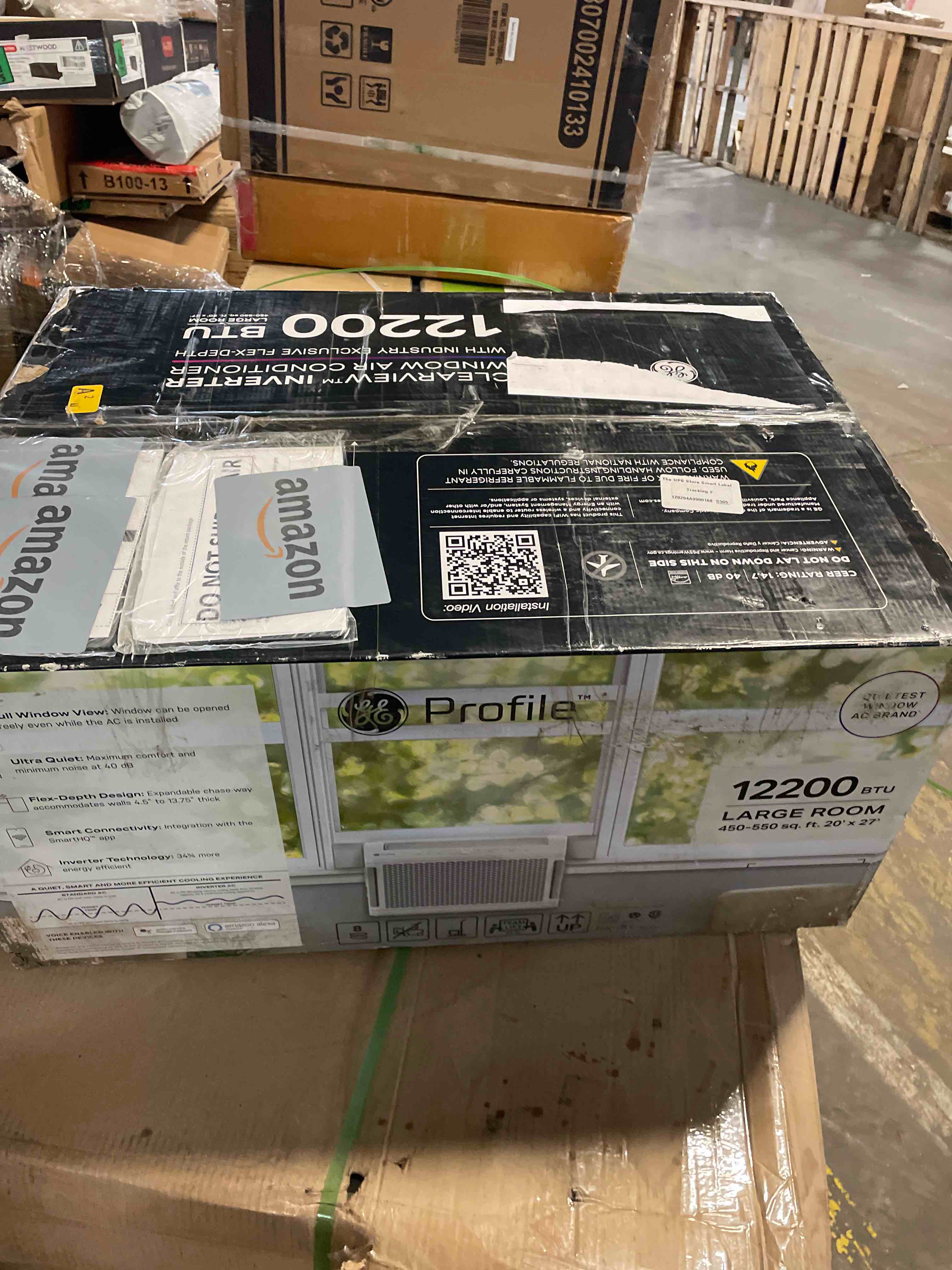 Condition photo showing Good Condition for ge profile clearview inverter window air conditioner unit, 12,200 btu, energy efficient cooling up to 550 sq ft., ultra quiet, smart home capable, includes remote, white 12200 btu inverter white (damaged)