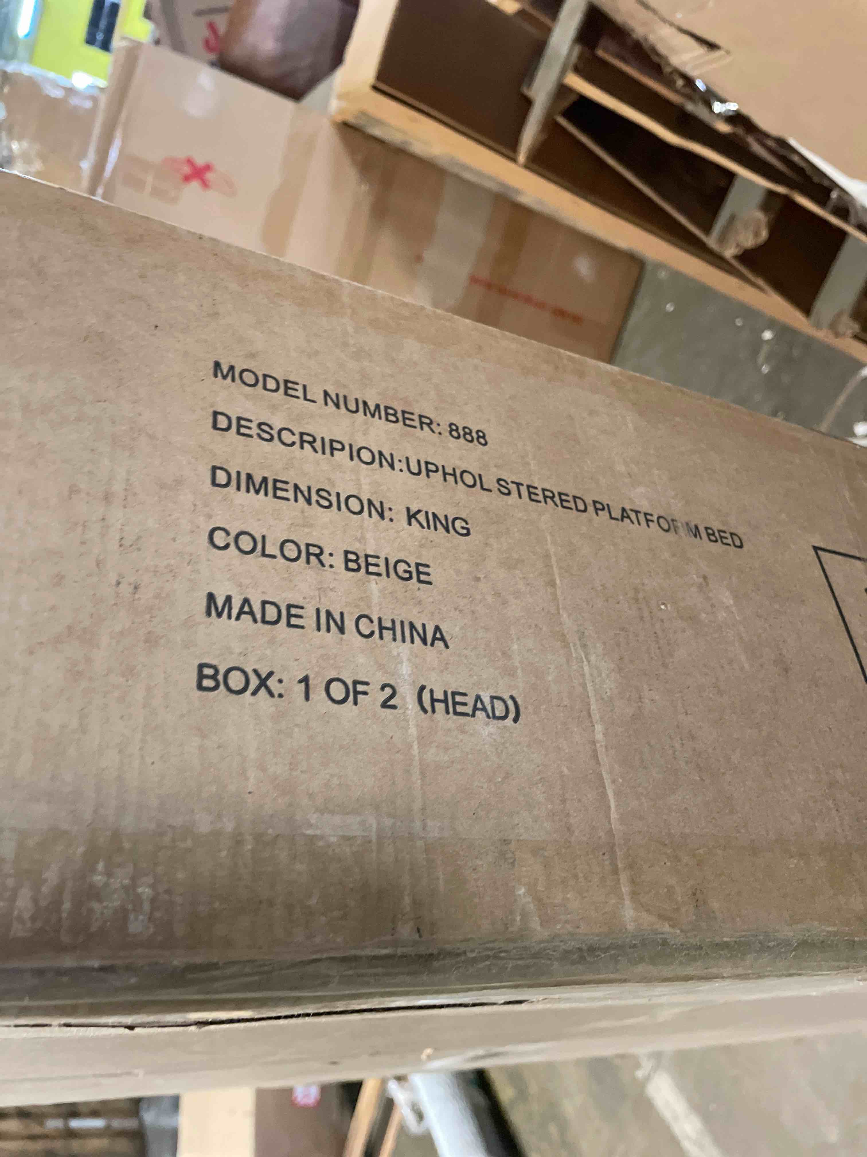 Condition photo showing As Is for king size bed frame, linen upholstered platform with wingback headboard, wooden slats support, no box spring needed, easy assembly, beige (only headboard) 