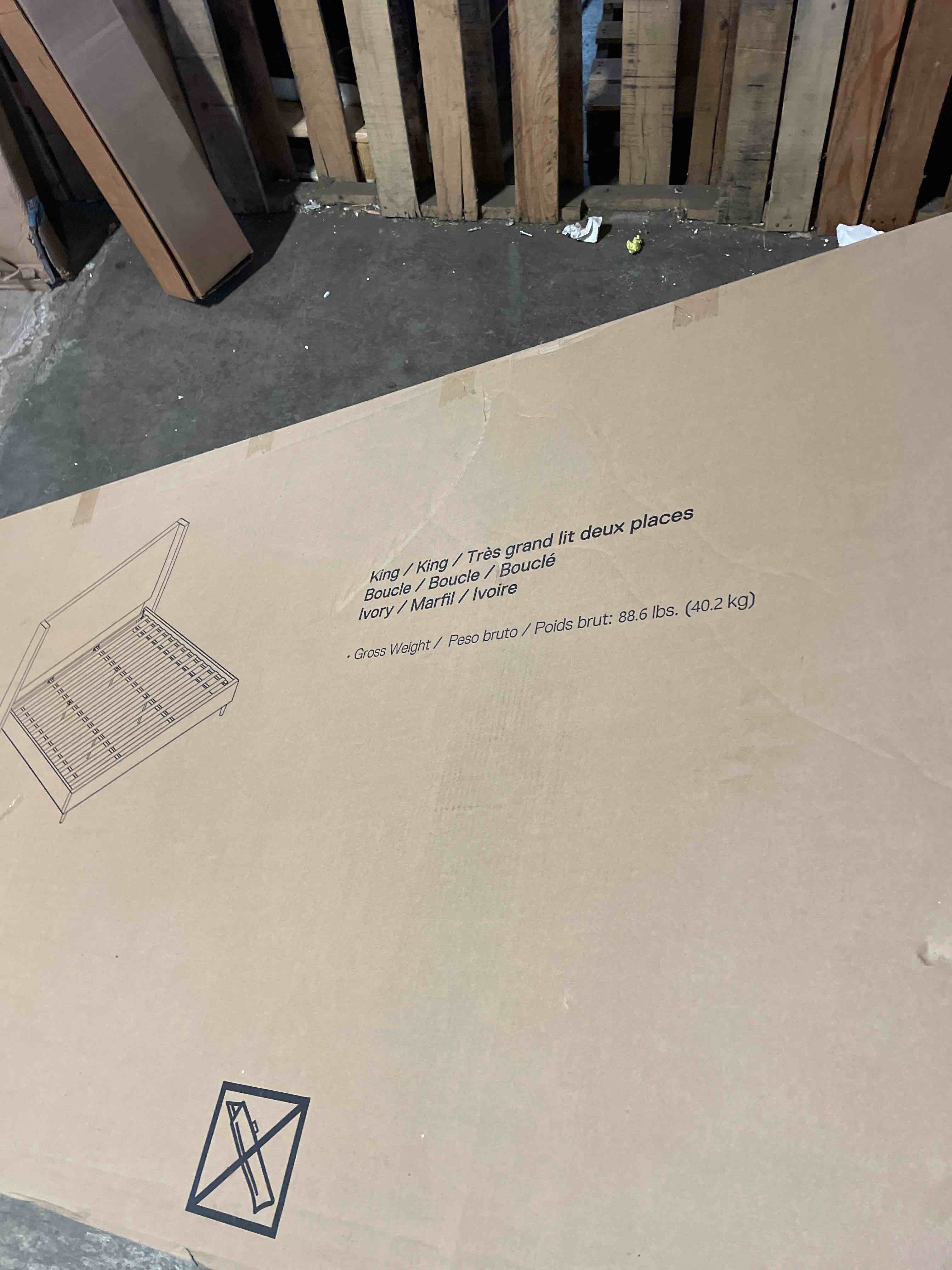 Condition photo showing New/Like New for modern cream velvet upholstered platform bed with wingback headboard and walnut wooden legs