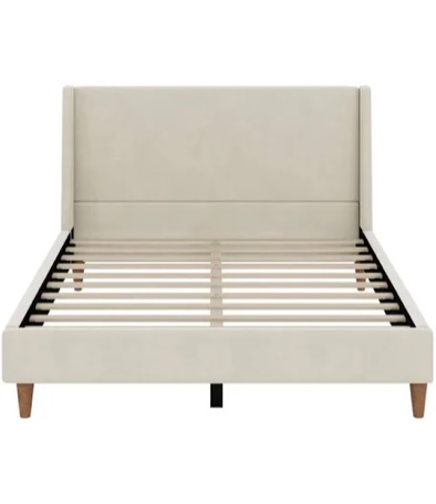 modern cream velvet upholstered platform bed with wingback headboard and walnut wooden legs