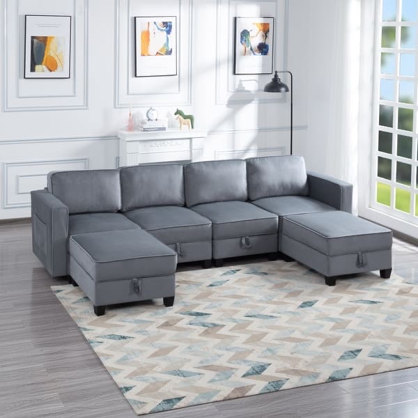 Dark Gray 116" Modular Sectional Sofa with Ottoman & Hidden Storage(Left arm chair, 2 armless chairs and ottoman only) 