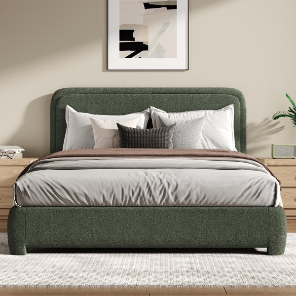 boucle upholstered platform bed frame with headboard, modern style,soft rounded corners, no box spring required (headboard only)
