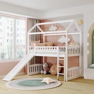 White Twin Size House Loft Bed with Slide and Ladder