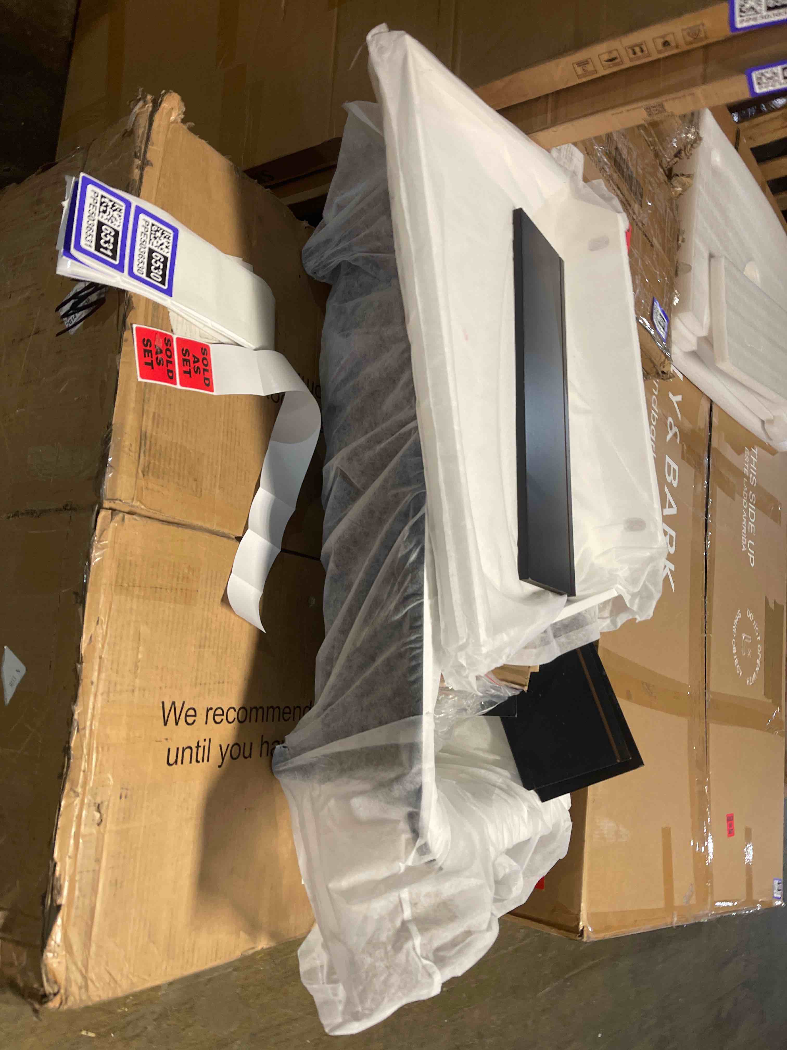Condition photo showing New/Like New for ceramic bathroom sink, white 19" x 15" above counter porcelain vessel sink with black faucet and pop up drain set, rectangle