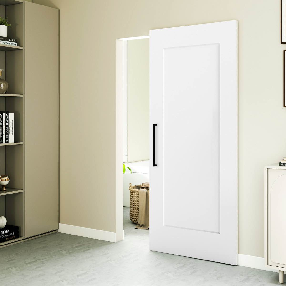 36"x84" Shaker Style Flat 1-Panel White Primed Concealed/invisible Magic Sliding Barn Doors With Installation Hardware Kit and One Side Matte Black Ladder Pull and The Other Side Matte Black Flush Pull