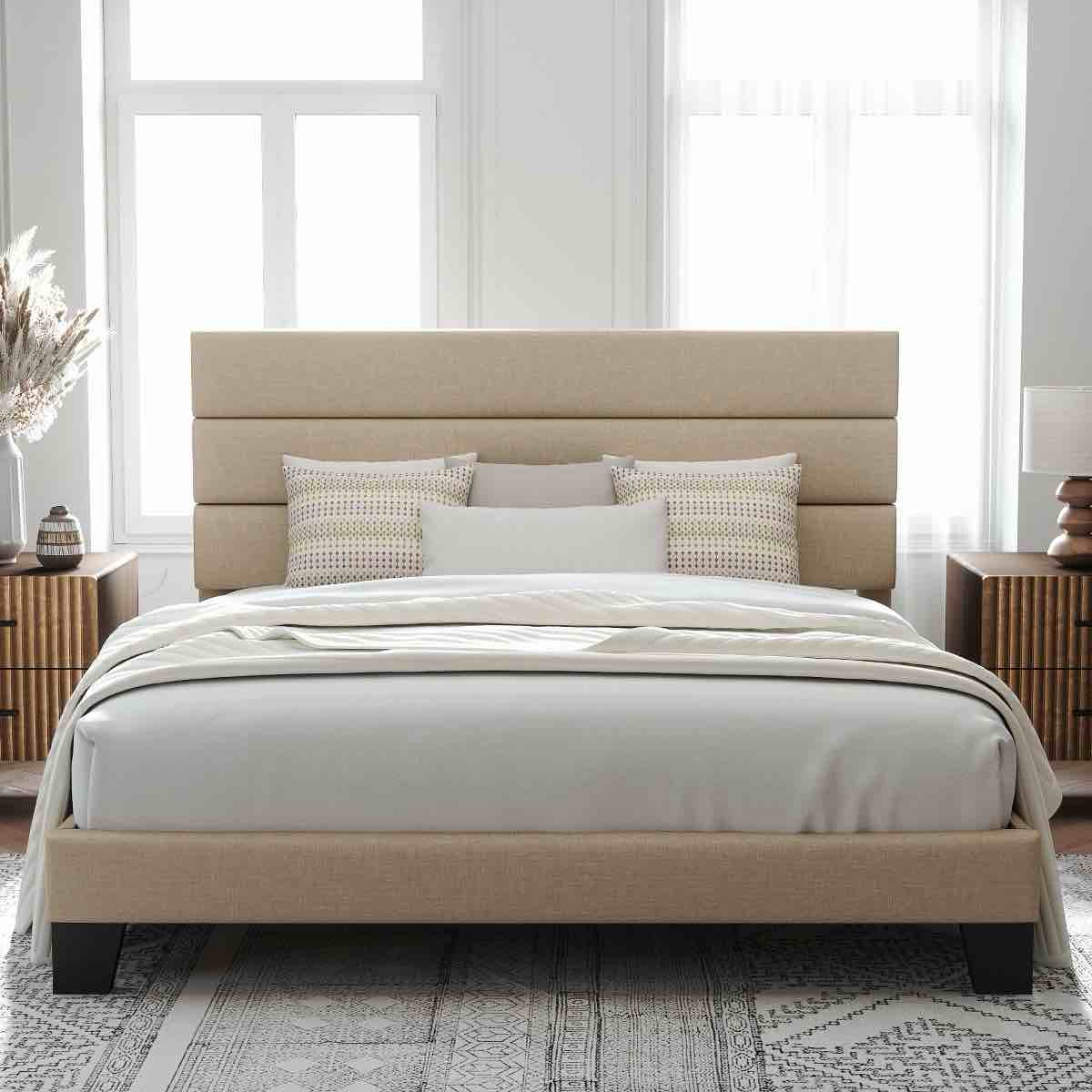 allewie king size platform bed frame with fabric upholstered headboard and wooden slats support, fully upholstered mattress foundation, beige