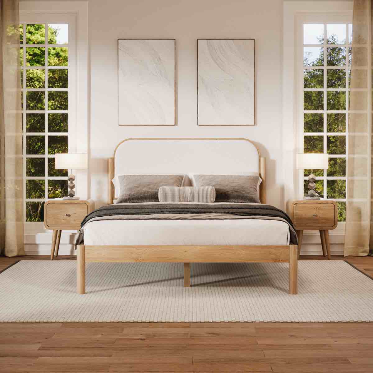 ardin solid wood bed frame with cream boucle upholstered headboard