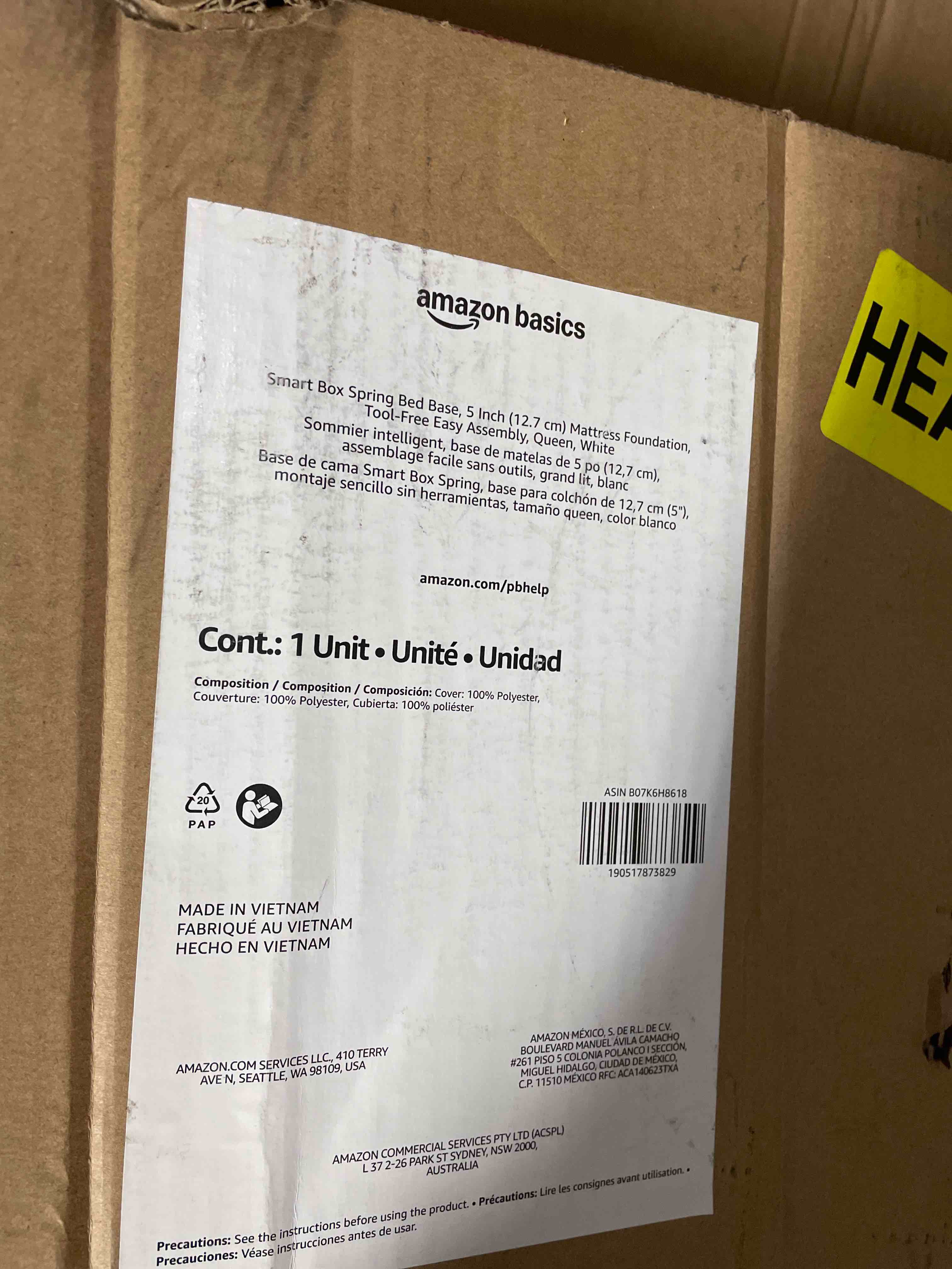 Condition photo showing As Is for amazon basics smart box spring bed base, 5-inch height mattress foundation, tool-free easy assembly, queen, 79"l x 59.5"w x 5"h, white queen(79"l x 59.5"w) 5-inch height