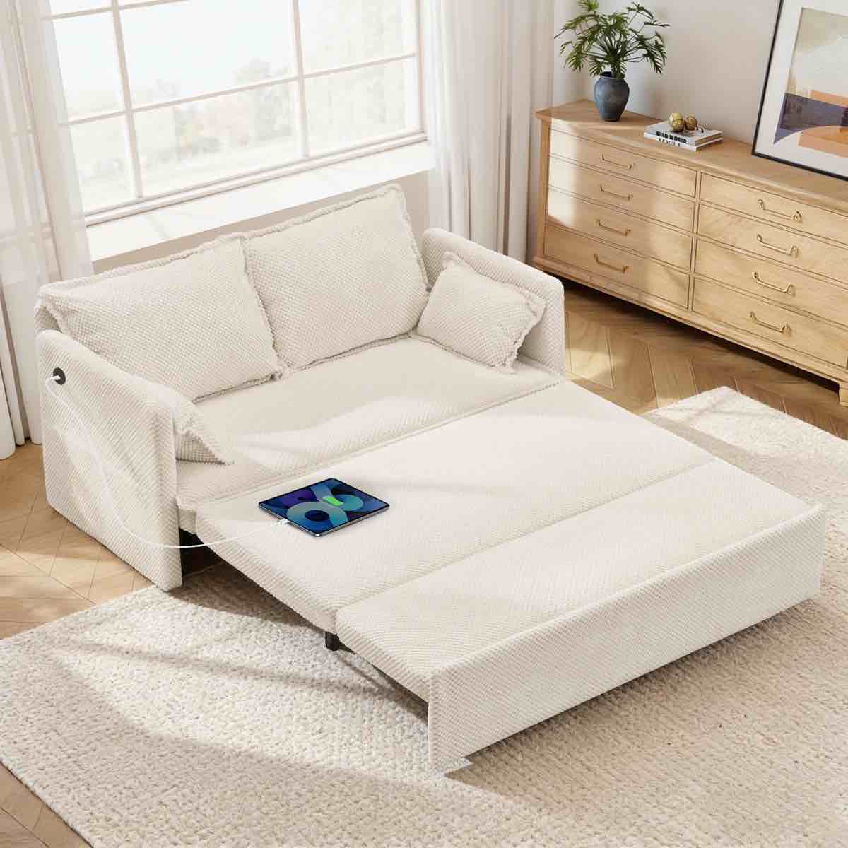 pull out sofa bed – 60" convertible sleeper sofa bed with usb ports, corduroy/chenille fabric loveseat chaise lounge for living room, guest rooms, ivory (incomplete only right side) 