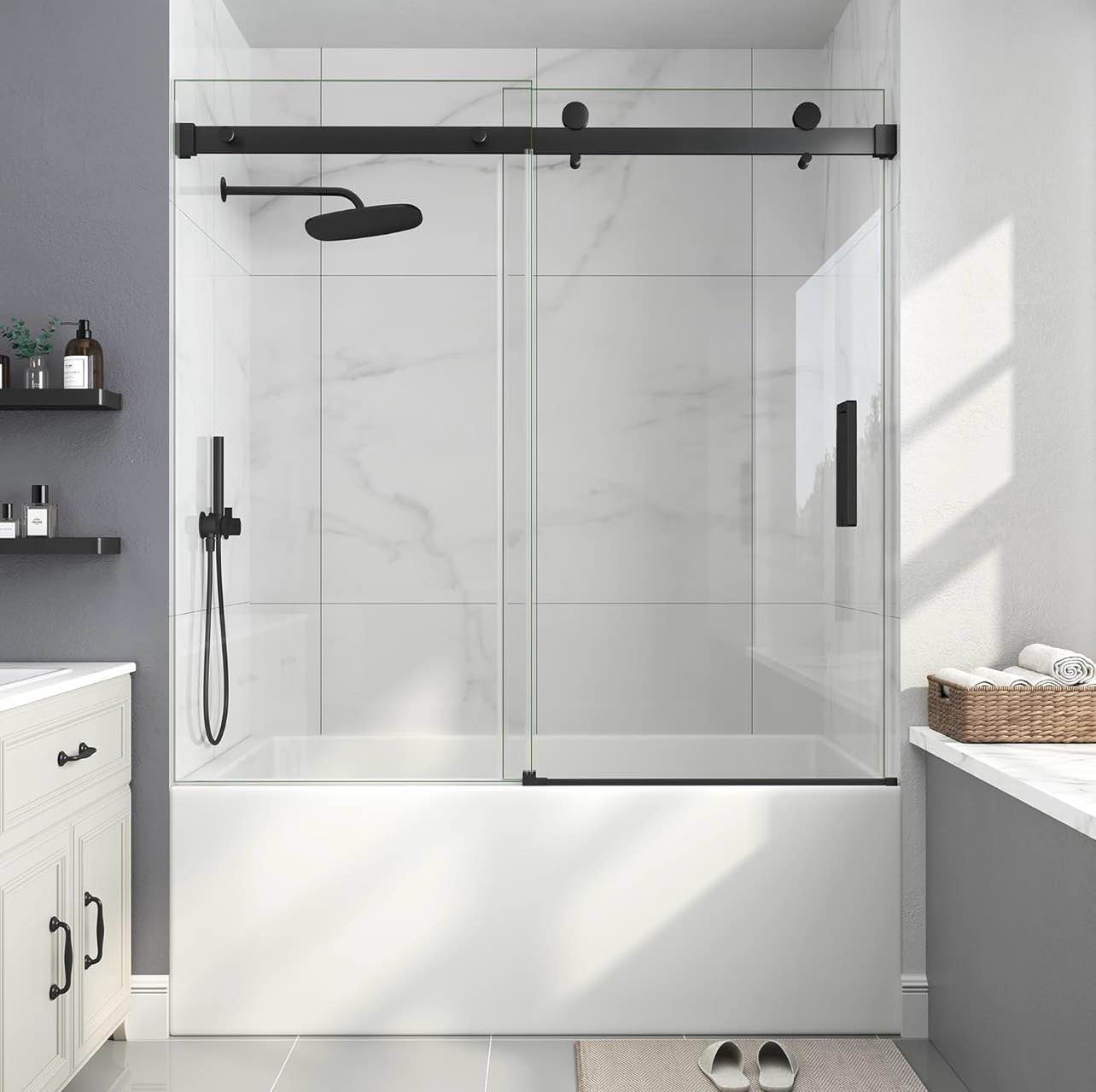 EASYWORC Frameless Bathtub Shower Door, 55-60" W x 60" H Sliding Tub Shower Door, 1/4''(6mm) SGCC Te