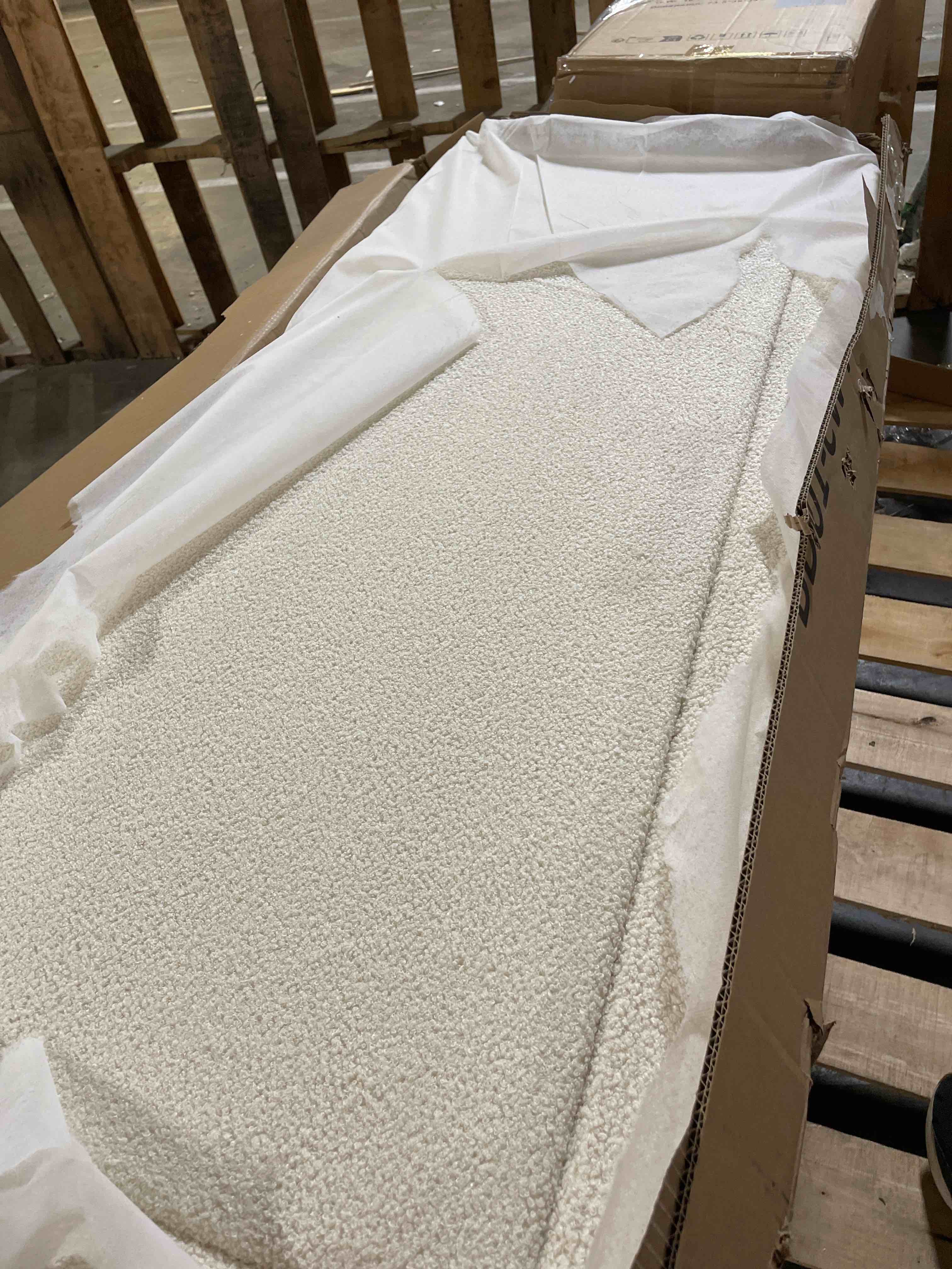 Condition photo showing Good Condition for full size boucle platform bed frame with adjustable headboard (3 heights), upholstered cloud bed, soft rounded corners, no box spring needed, easy assembly, noise free, white