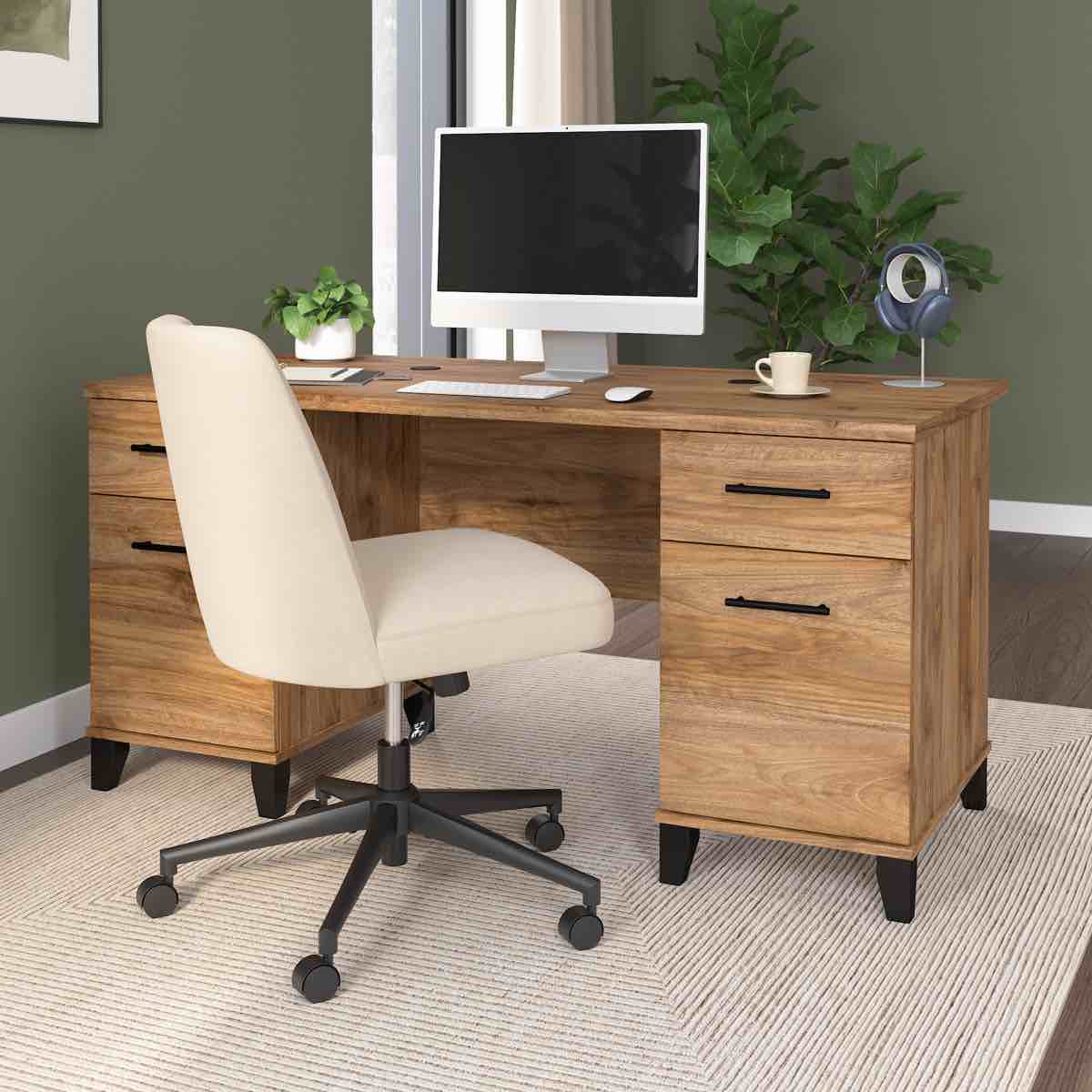 Kaionna 60” Office Desk with Drawers, Computer Office Desk with Storage, Modern Wood, Fresh Walnu