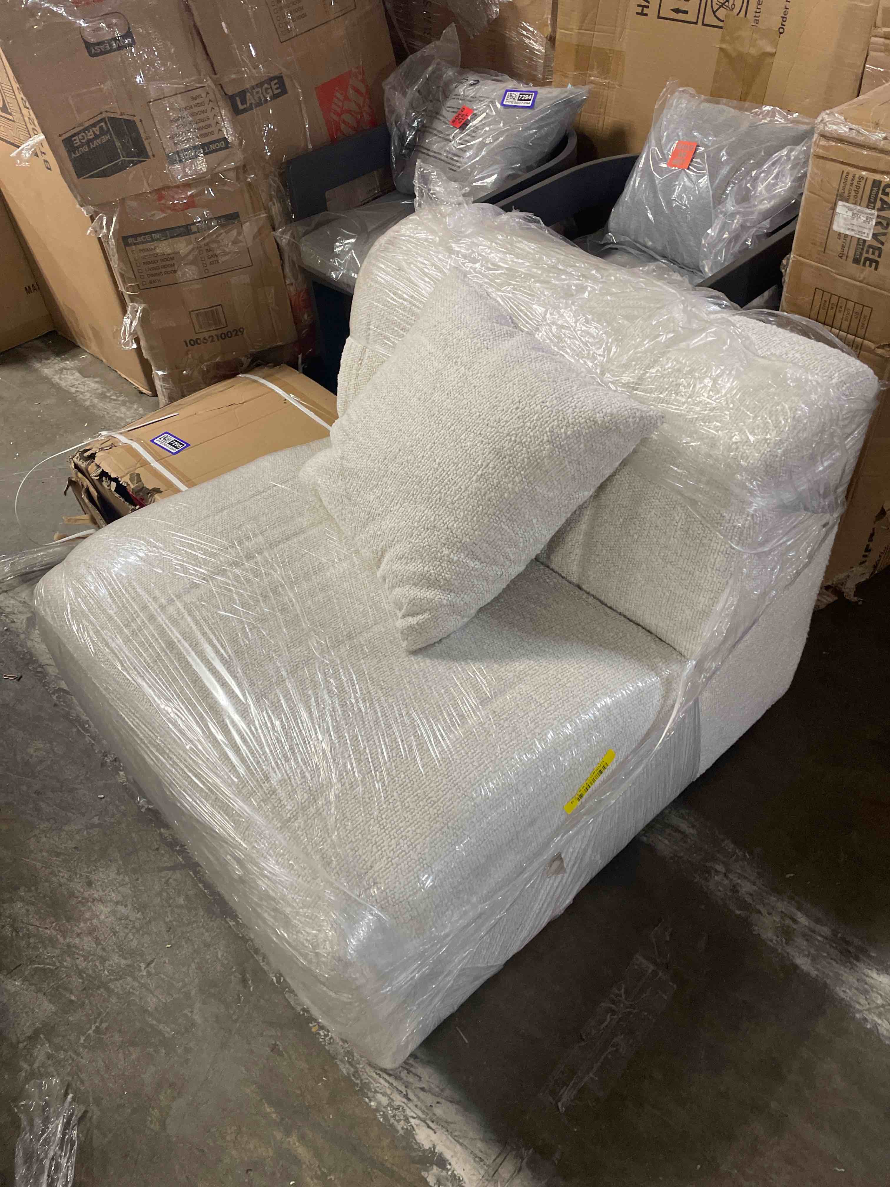 Condition photo showing Good Condition for cozy white fabric accent slipper chair with wood legs (slightly used)