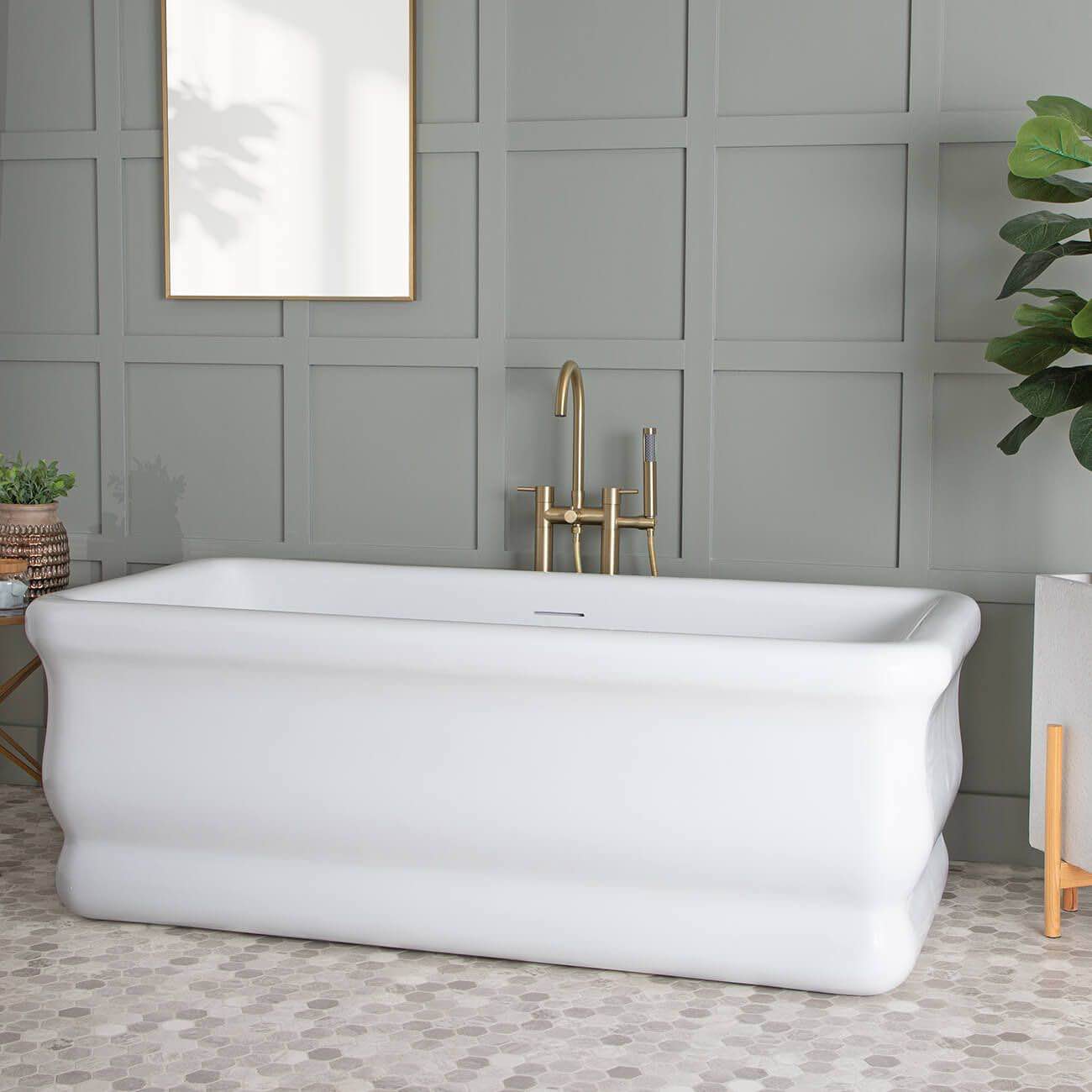 Condition photo showing Good Condition for brighton 67 inch matte white acrylic double ended freestanding curved tub, chip on bottom right end, can be resealed. interior in beautiful condition. 67" l x 31-1/2" w x 24-1/2" h