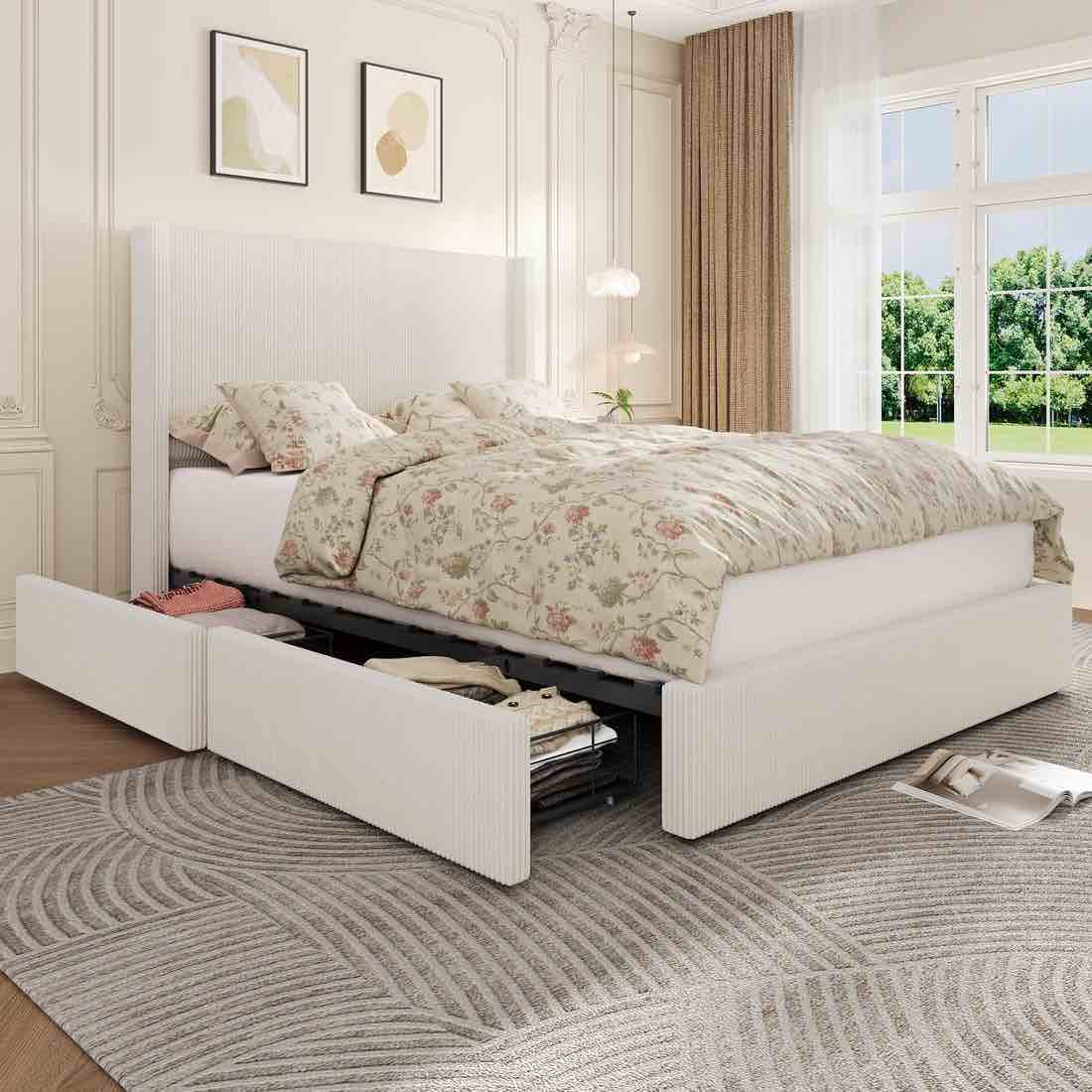 garvee bed frame queen size with 4 storage drawer, bed frame with headboard and corduroy