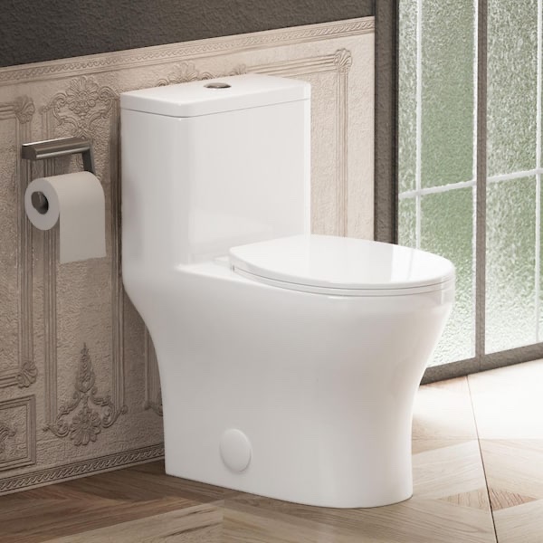 1-Piece 12 in. Rough in 1.28 GPF Single Flush Compact Round ADA Height Toilet in White Soft-Close Seat Include