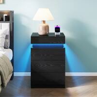 Nightstand with Built-In Charging Station and LED Lighting, 3-Drawer Sliding-Top Modern Bedside Table - Black