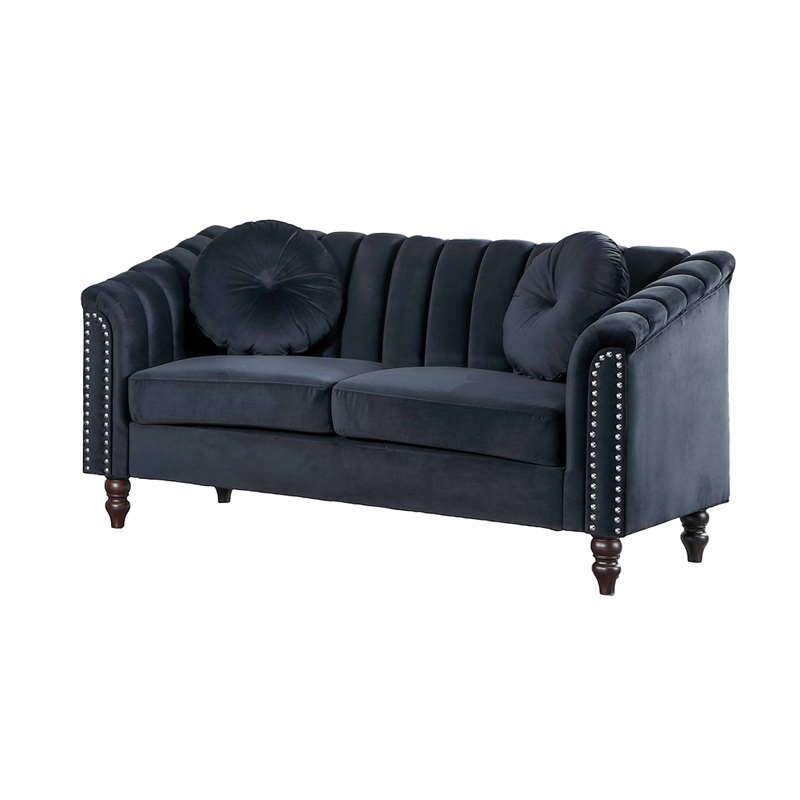 Condition photo showing New/Like New for black fabric 75” sofa with solid wood legs and ergonomic design