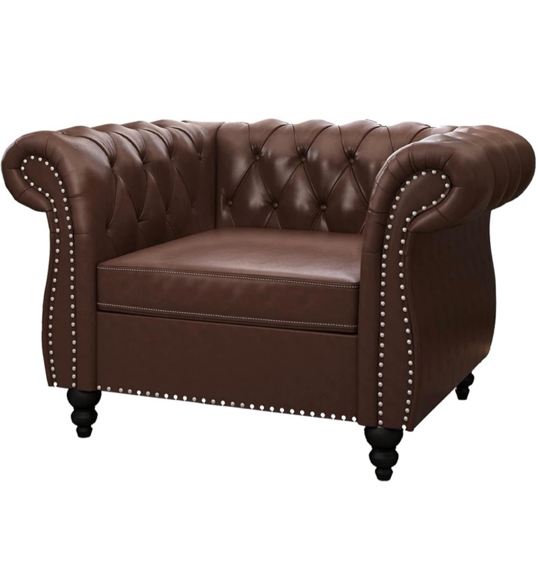 Condition photo showing New/Like New for orrd chesterfield chair, 40''w x 32''d x 27‘’h. modern leather tufted accent sofa couch chair with rolled arms and nailhead for living room, bedroom, office, apartment (dark brown)