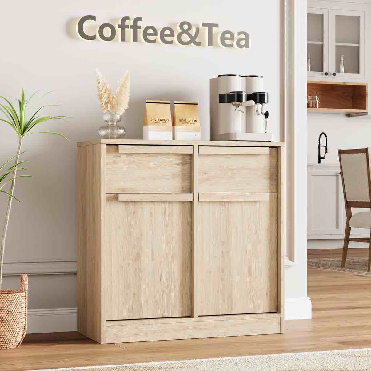 Garvee 31.5" Sideboard Buffet Cabinet with 2 Doors and 2 Drawers for Dining Room, Natural