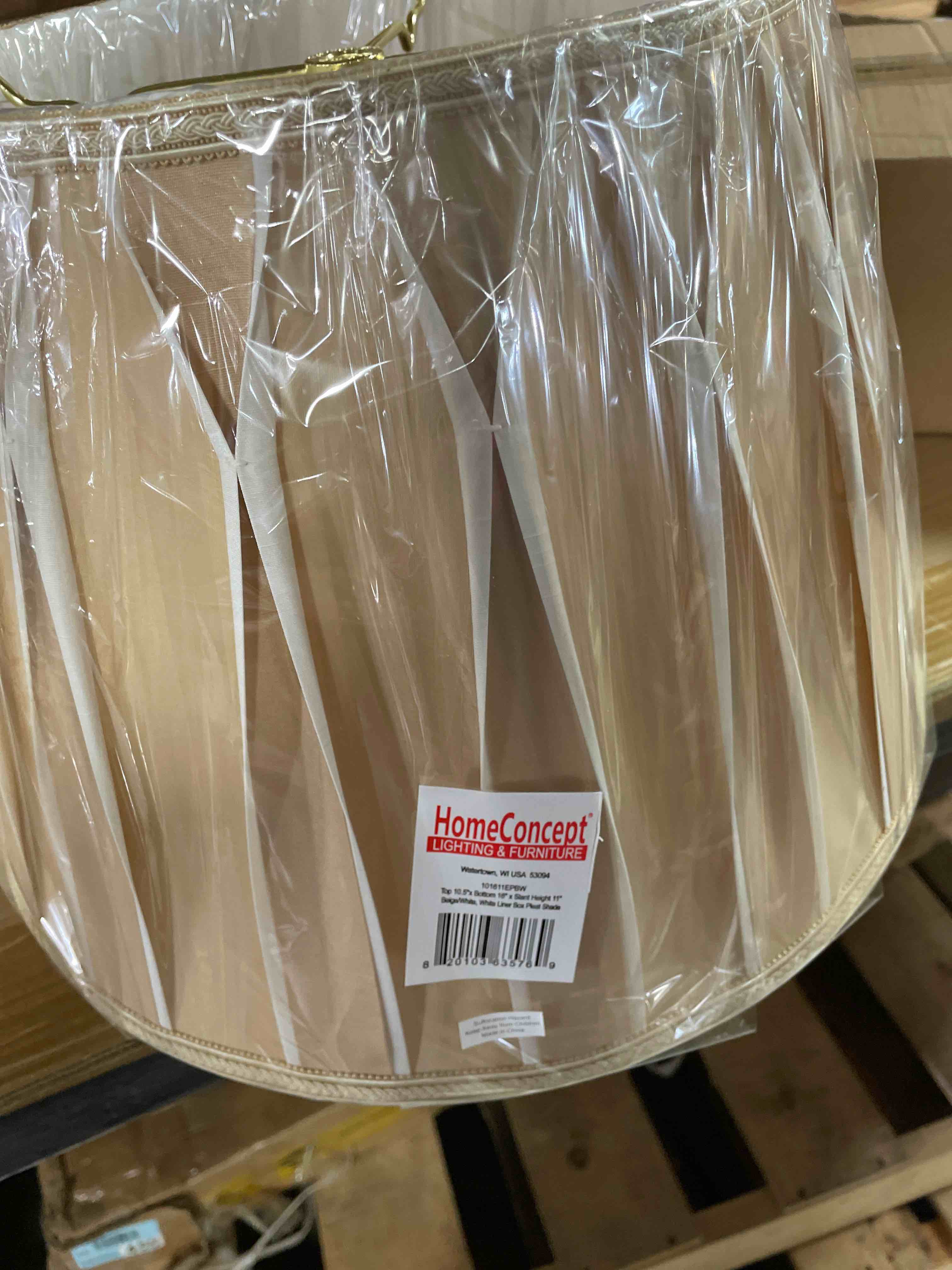 Condition photo showing New/Like New for 10x16x11 beige/white pinched pleat shantung lampshade with brass spider fitter - perfect for table and floor lamps - large, beige/white