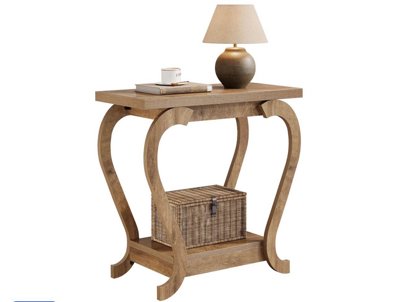 side end table, wooden 2-tier rustic besides sofa table with storage for living room, bedroom, entryway, small spaces, brown