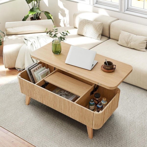 42. 91in. l natural oval mdf coffee table with built-in small panel and folding desktop