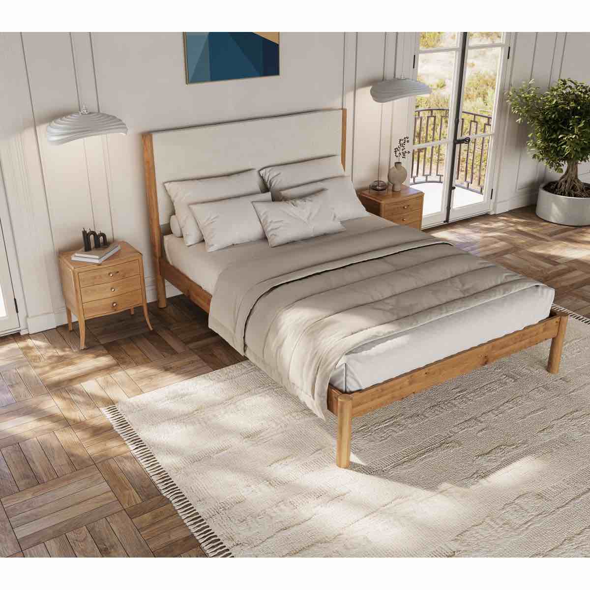 ardin solid wood bed frame with cream boucle upholstered headboard