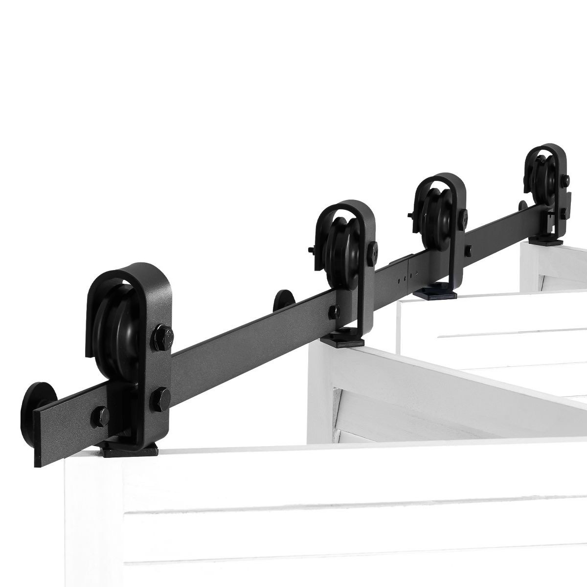 vevor bi-folding sliding barn door hardware track kit, 60" top mount track kit, suitable for four 14" closet pantry laundry doors, black