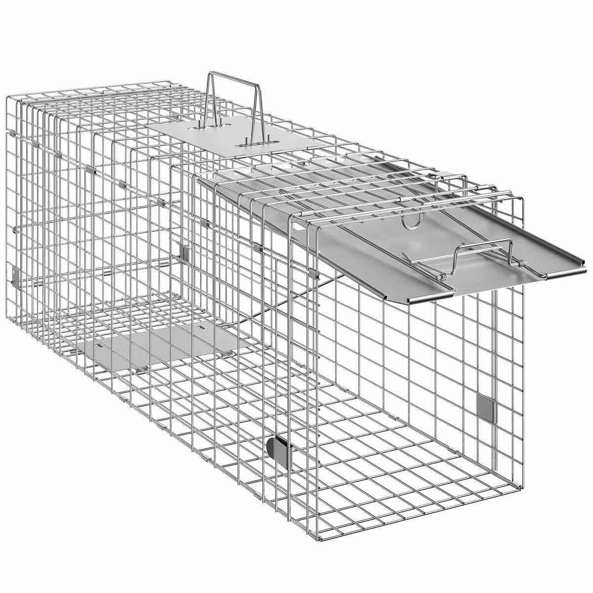 vevor live animal cage trap, 31" x 10" x 12" humane cat trap galvanized iron, folding animal trap with handle for rabbits, stray cats, squirrels