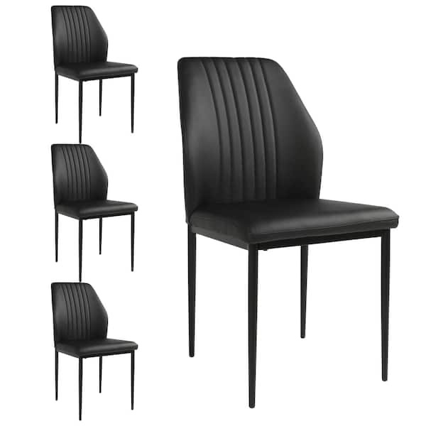 black faux leather solid back dining side chair with stable steel legs, set of 4
