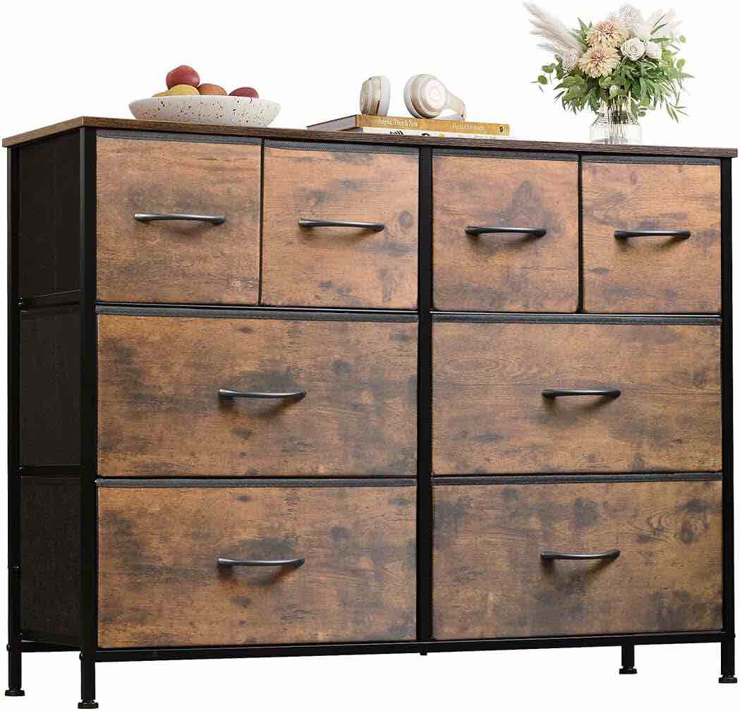 wlive fabric dresser for bedroom, 6 drawer double dresser, storage tower with fabric bins, chest of drawers for closet, living room, hallway, charcoal black wood grain print